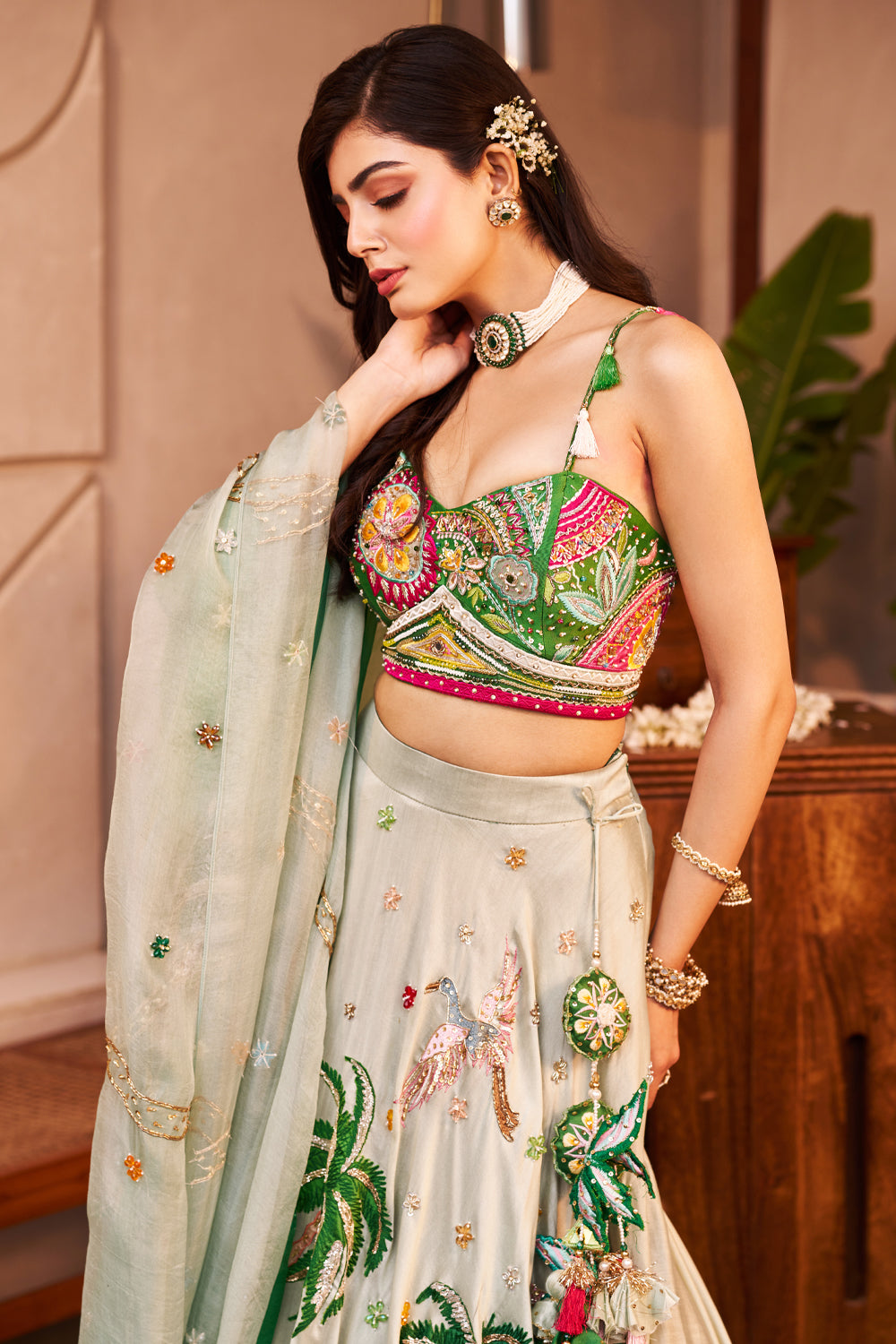 Mumtaaz Green Kora Organza  Embellished & Embroidered Lehenga Set