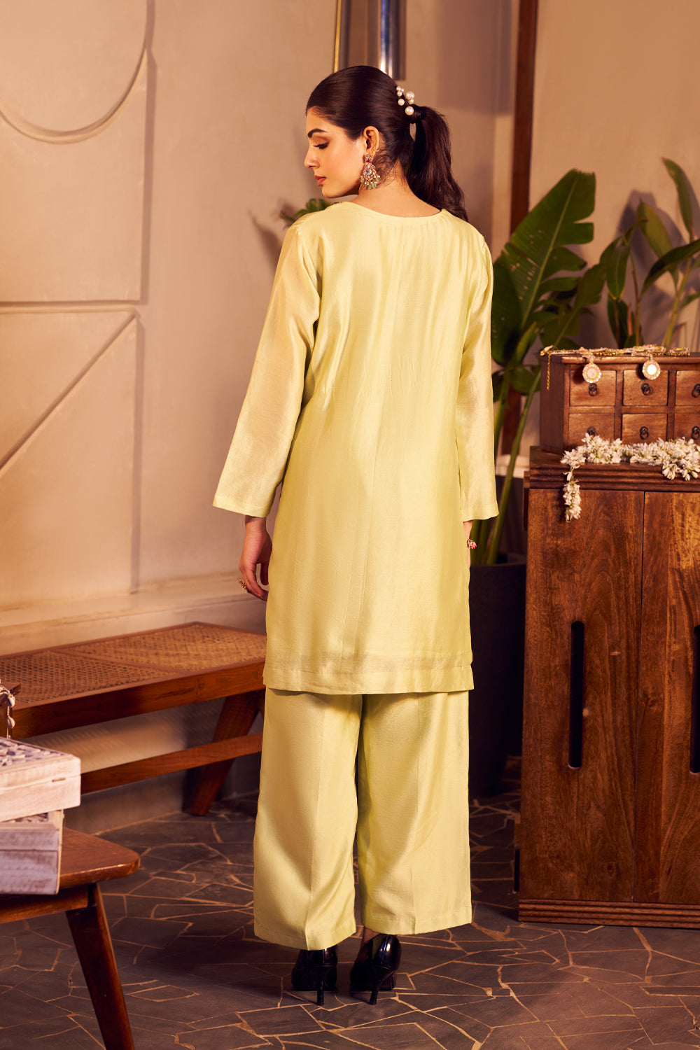 Lali Yellow Chanderi Embellished Sequin Floral Handpainted Kurta With Pant