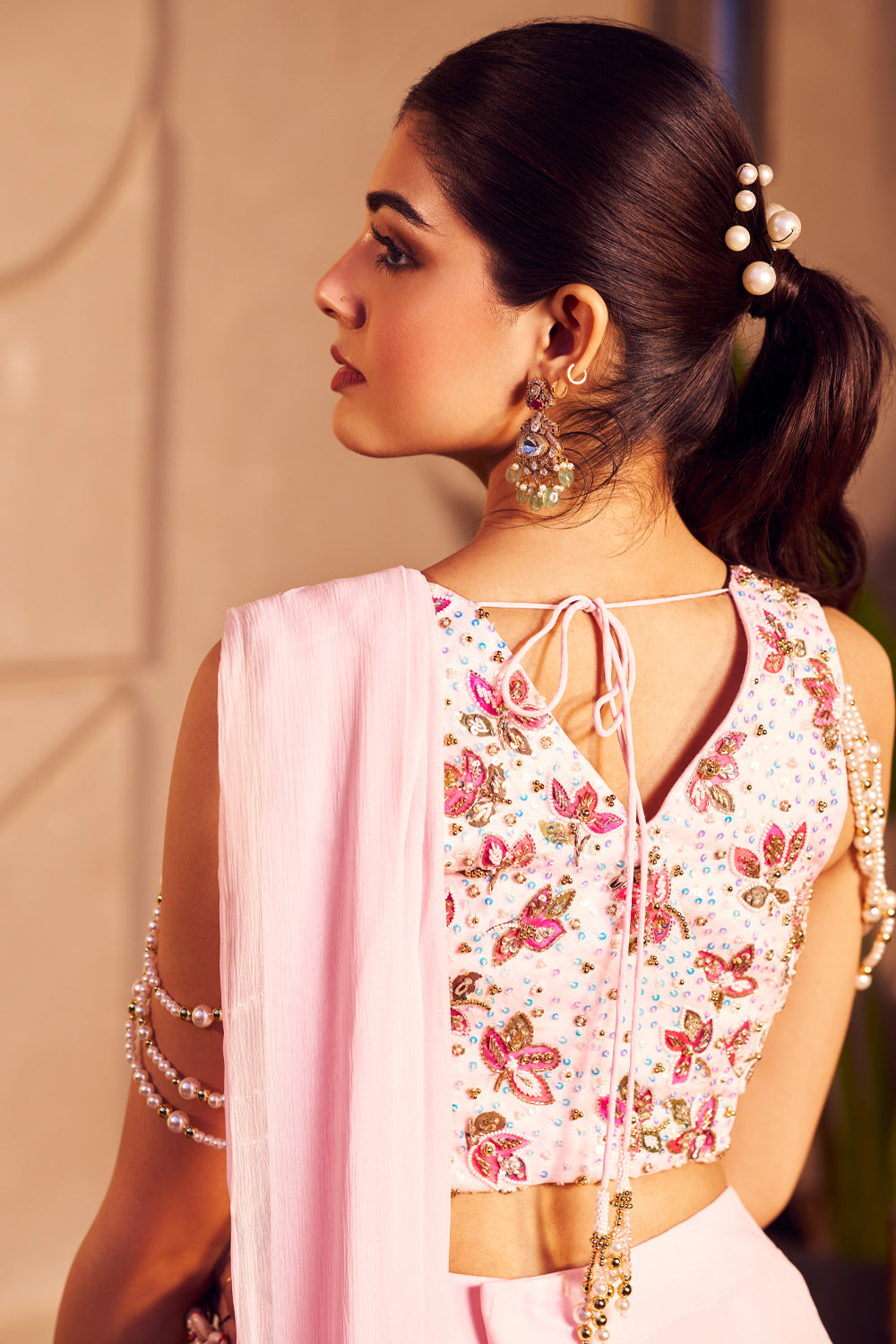 Mahi Pink Crepe Embellished Sequin Layered Pre-Draped Saree With Blouse