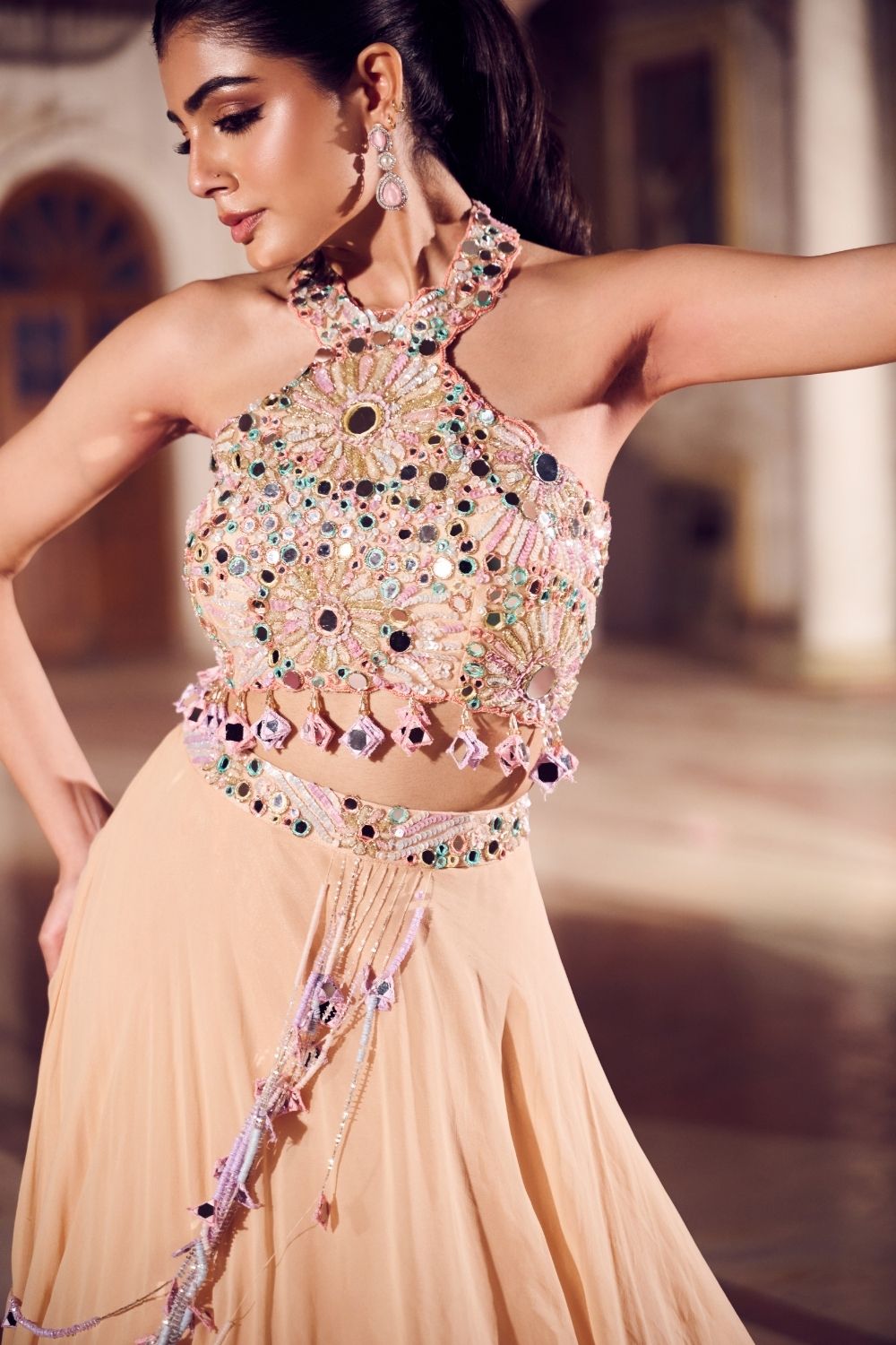 Nafisa Cream Mirrorwork Skirt with Halter Neck Blouse