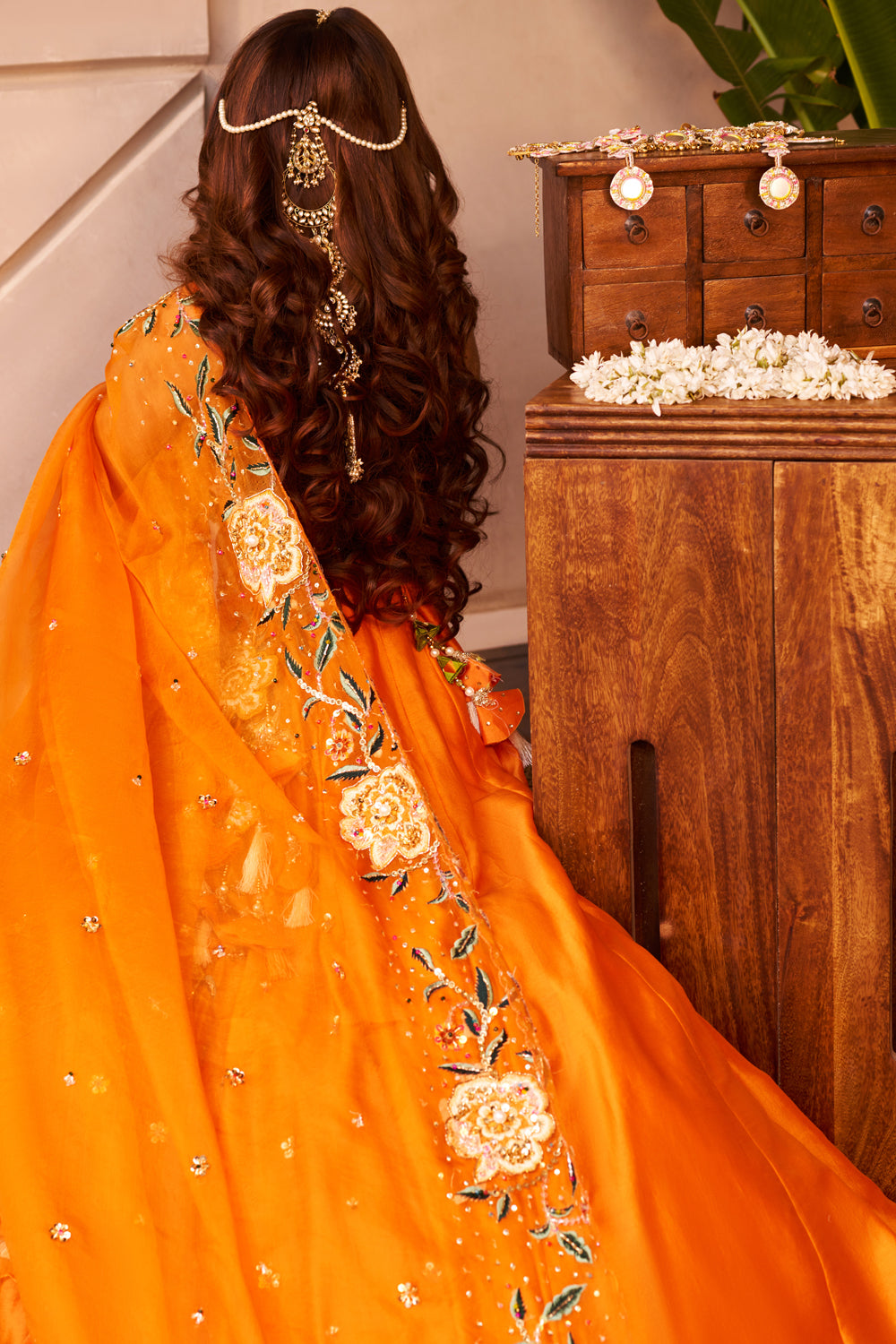 Shabnam Orange Kora Organza Embellished & Embroidered Kalidar Lehenga Set