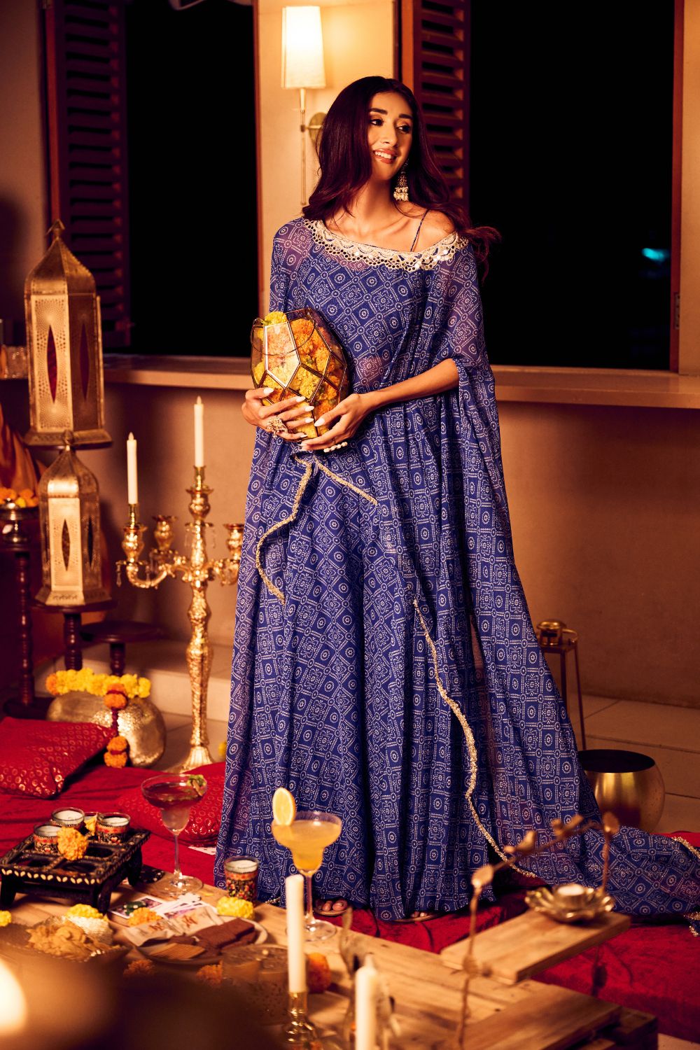 Cascading Sea Blue Printed Georgette Cape Sleeves Kaftan with Flare Pants