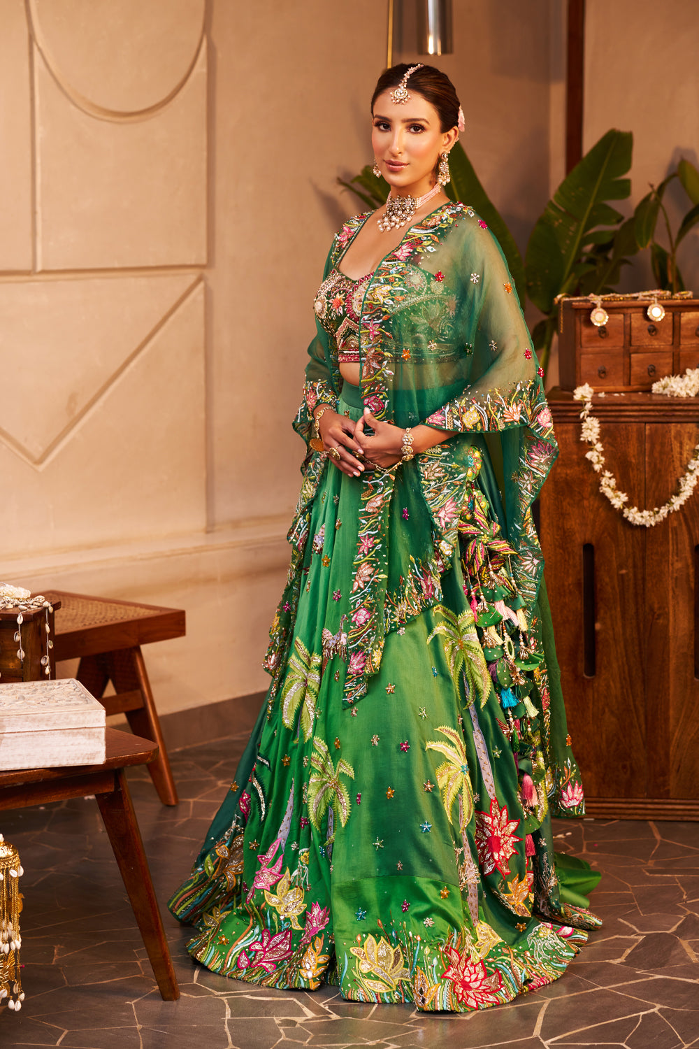 Urvashi Green Kora Organza Embellished & Embroidered Lehenga Set