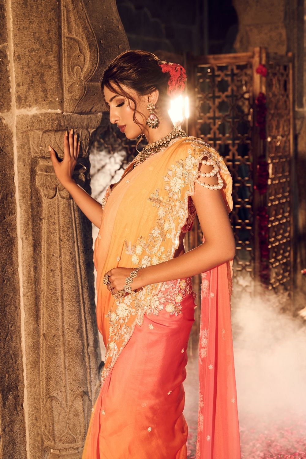 Zainab Orange Yellow Viscose Organza Lining Shantoon Floral Saree With Blouse