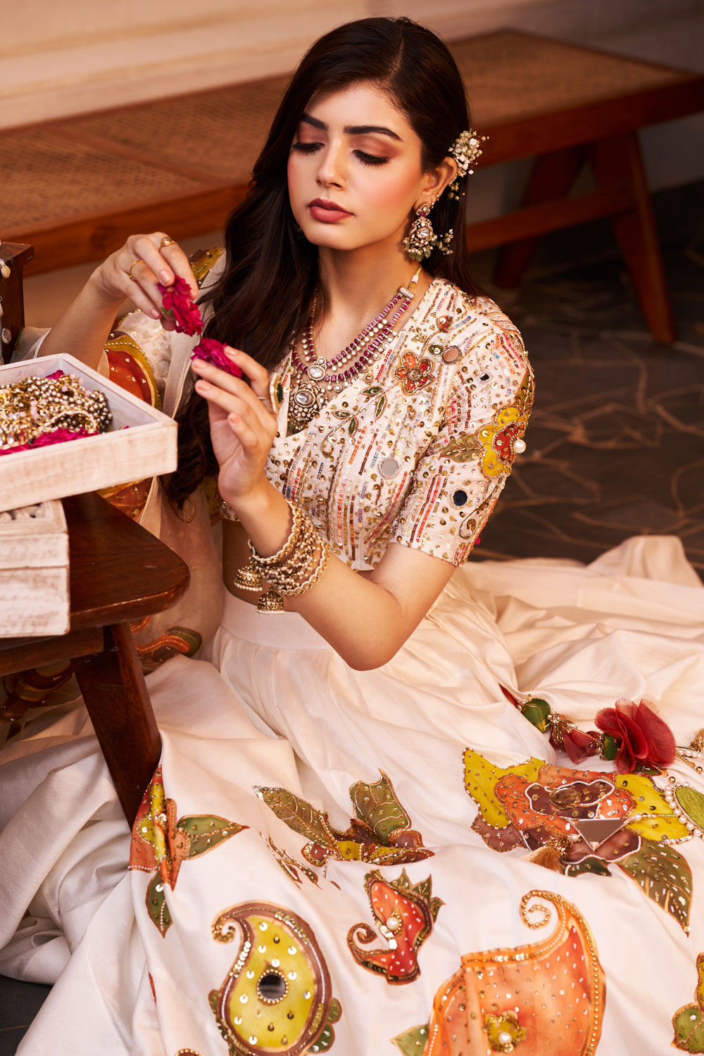 Shehnaaz Ivory Kora Organza Cutdana Embellishment & Embroidered Lehenga Set