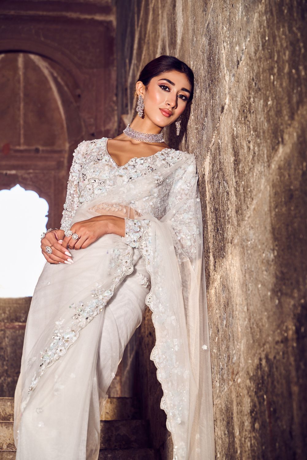Lunaire Powder Blue Embellished Net Saree and V-neck Blouse