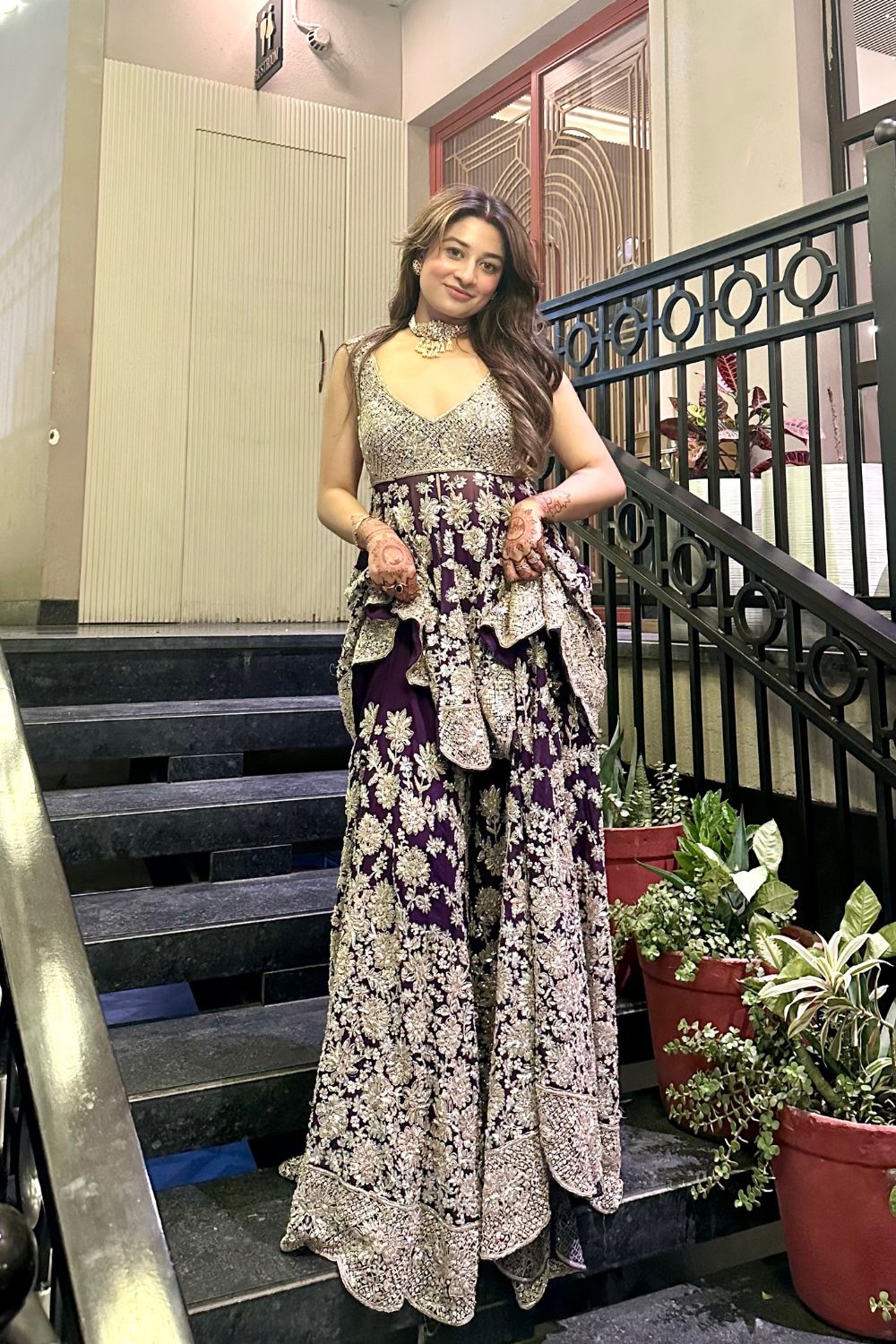 Ritika Bhandari in Rooh Purple Organza Lining Shantoon Embroidery Gul Peplum Kurti With Sharara