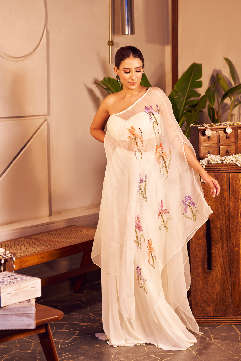 Dhara Ivory Crepe Embellished Sequin Kaftan One Handpainted Flared Pant Set