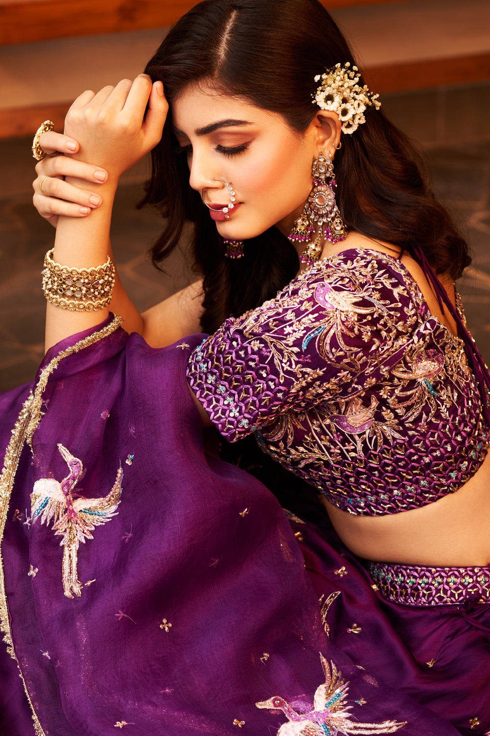 Indrani Purple Dupion Silk Bird V-Neck Embellishment & Embroidered Lehenga Set
