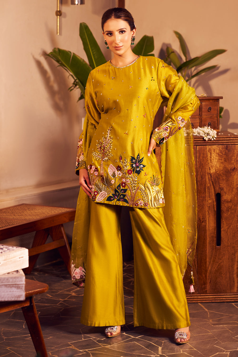 Priya Green Chanderi Embroidered Thread Round Nature Kurta Flared Pant Set