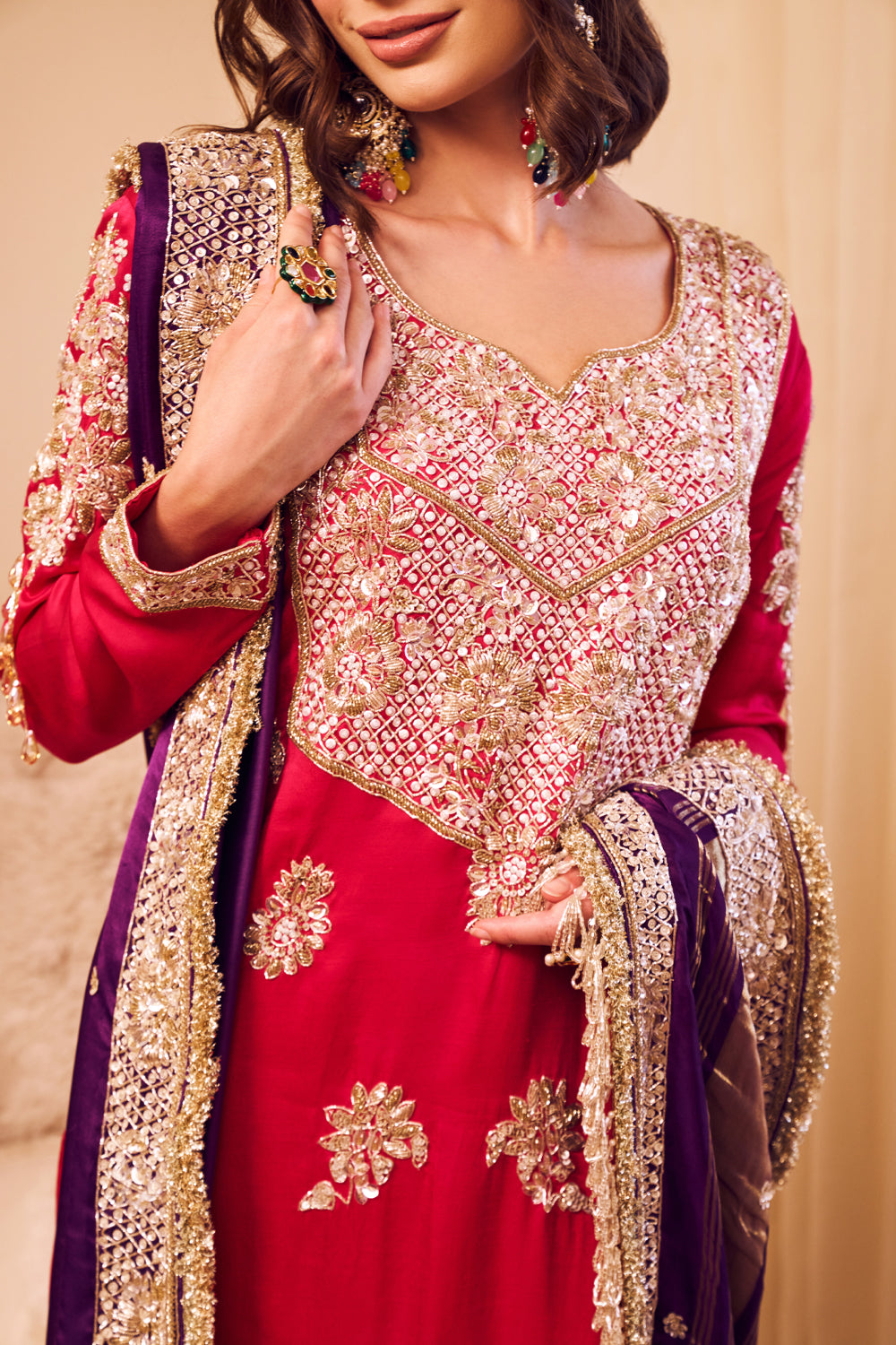 Gehraaiyaan Hot Pink Purple Satin Silk Embroidery Sequin Mughal Blossom Kurta Pant Set