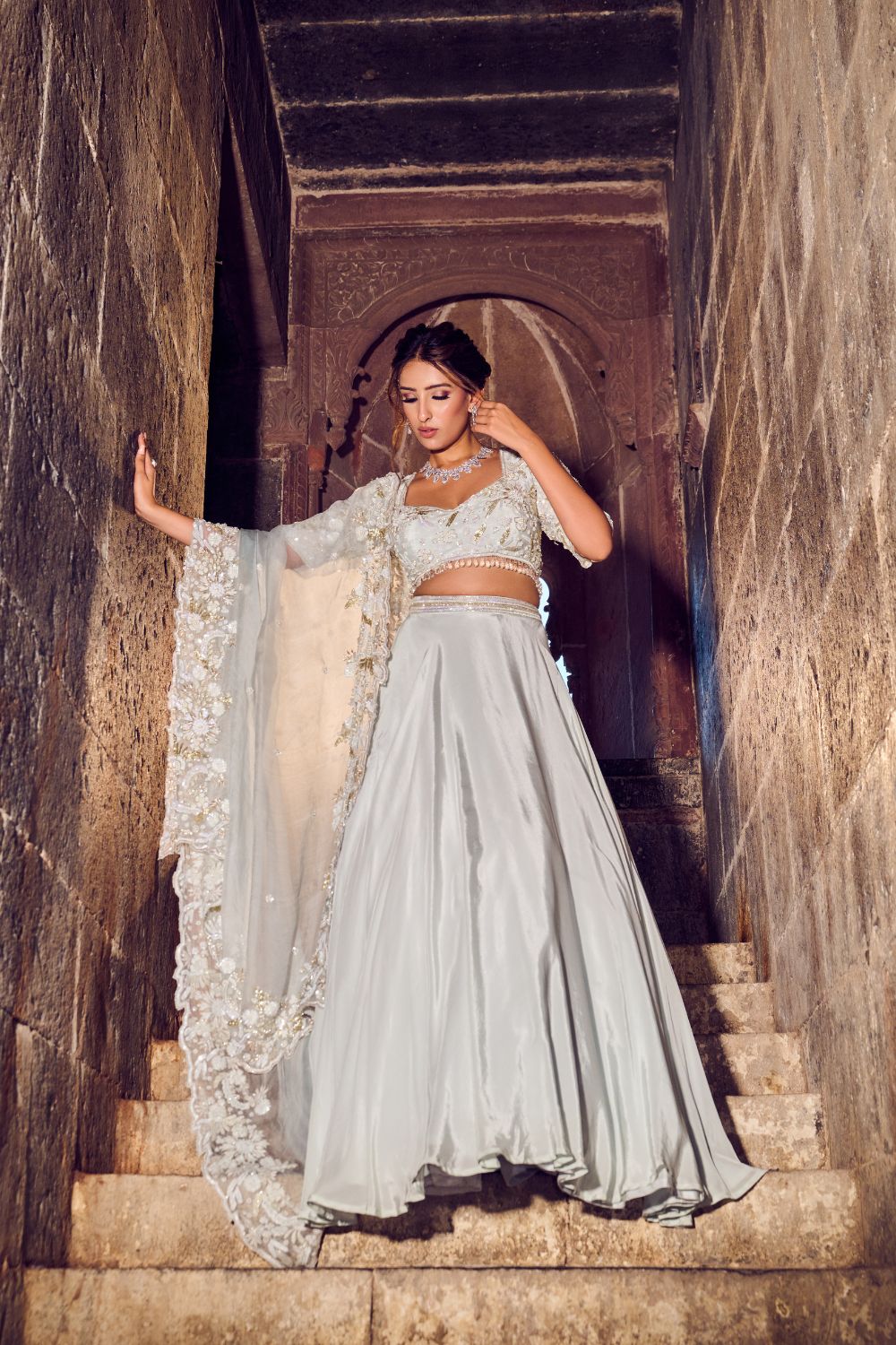 Oceane Powder Blue Embellished Crepe Lehenga with Blouse and Dupatta