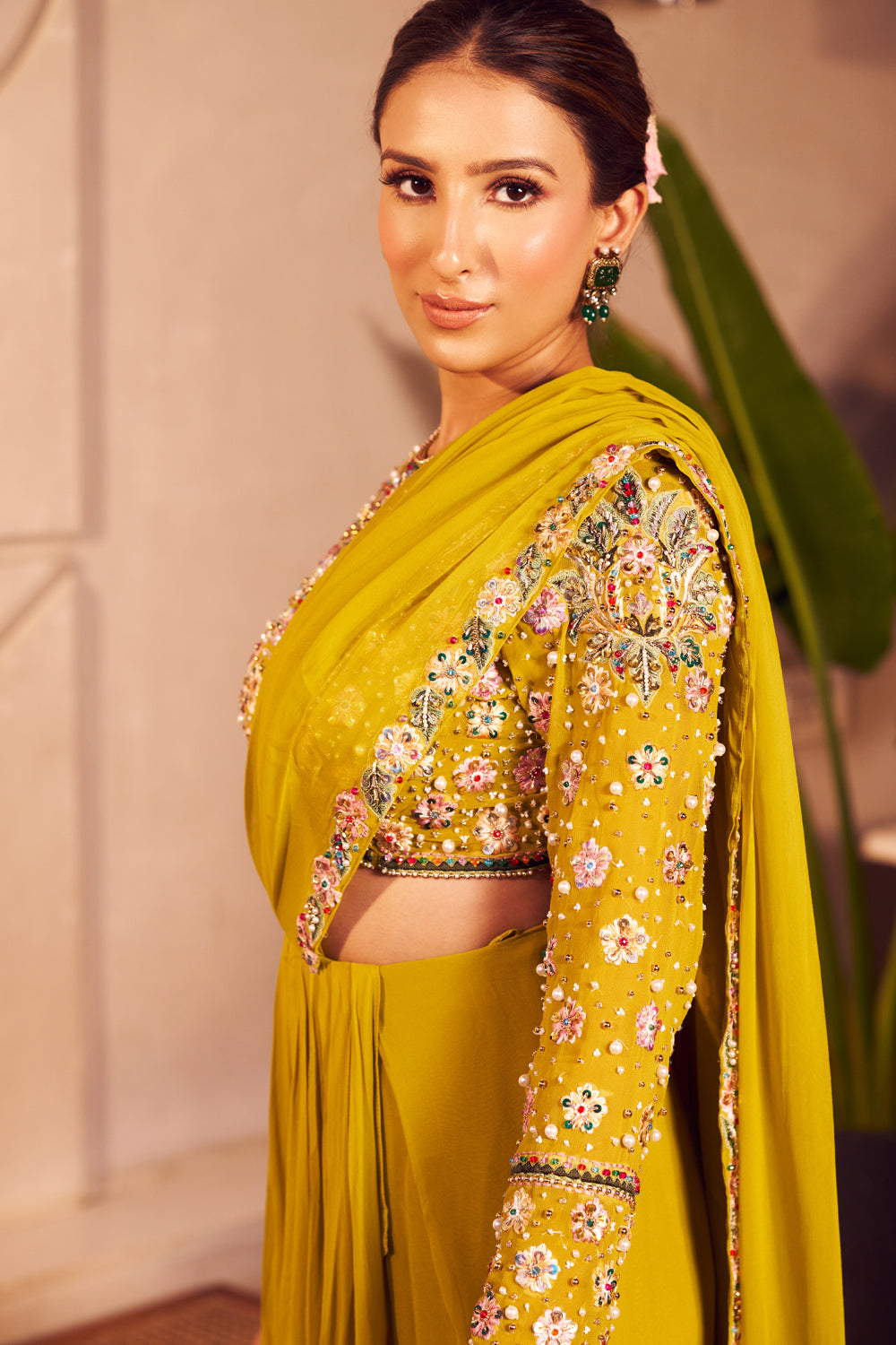 Jasmine Green Georgette Embroidered Thread Border Pre-Draped Saree With Blouse