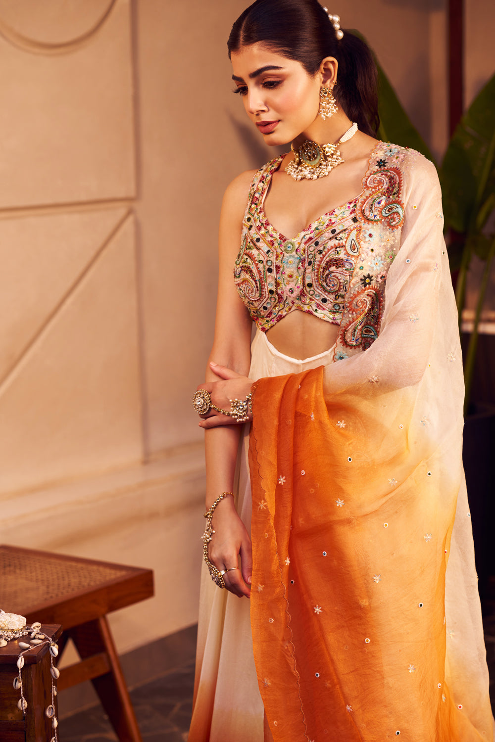 Indira Yellow Kora Organza Paisley Embroidered Cutwork Anarkali With Dupatta