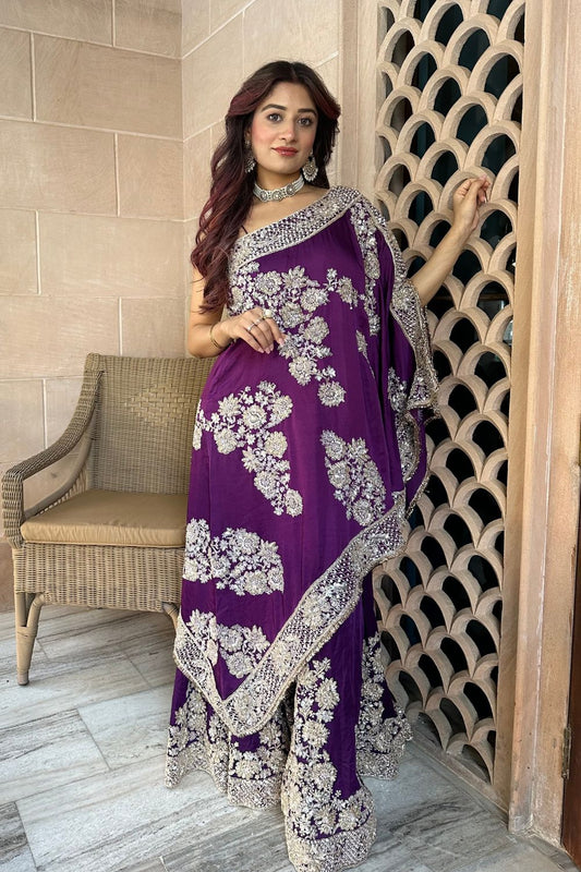 Swarna Purple Satin Silk Lining Shantoon Embroidery Rooh Bahar Kaftan With Sharara