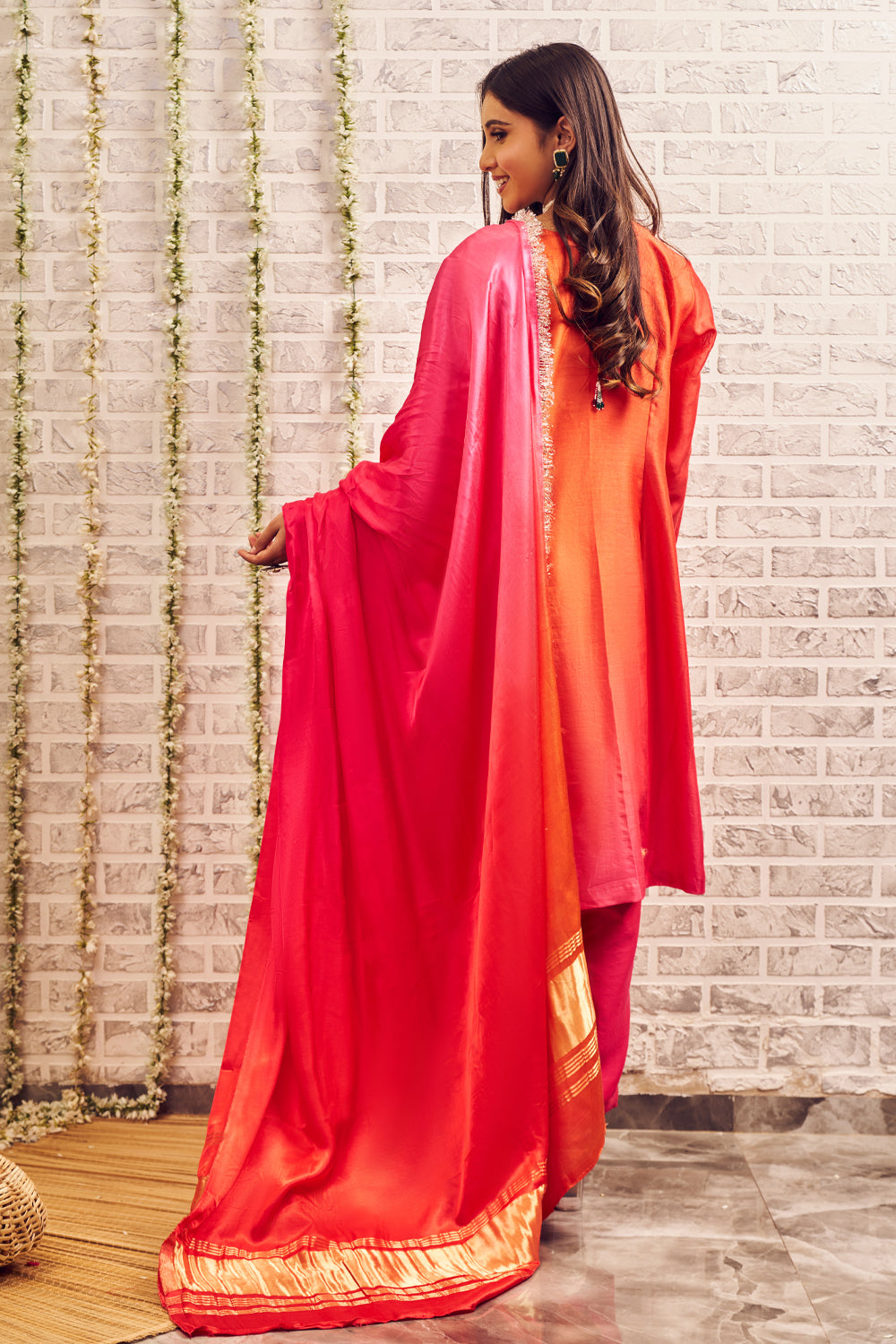 Shagna Hoor Orange Pink Chanderi Kurta Pants with Dupatta Set