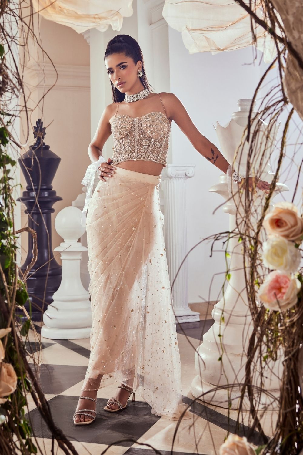 Adelina Blush Pink Hand Embellished Net Corset and Drape Set