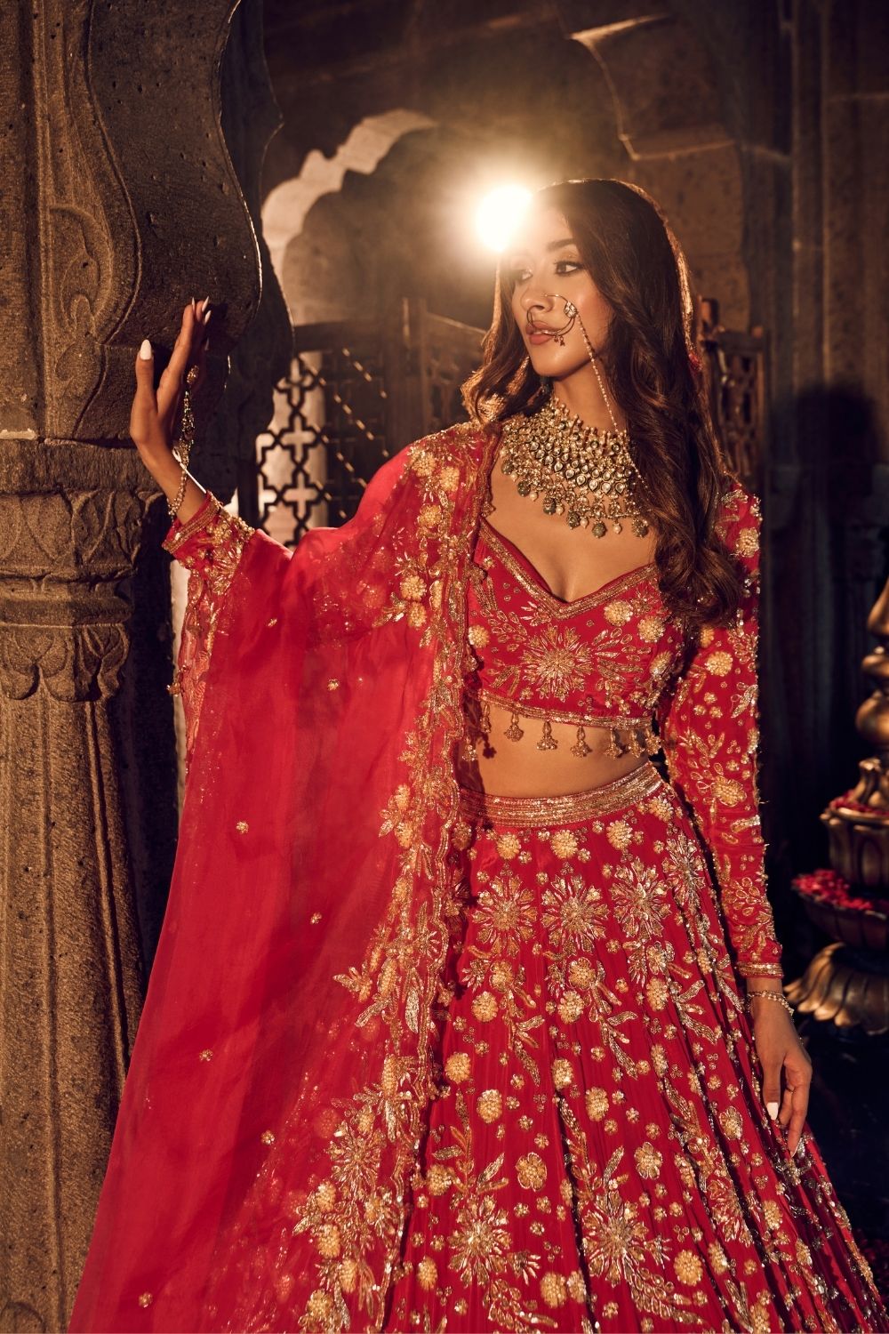 Makhfi Red Crepe Kora Organza Lining Shantoon Embellished Bridal Lehenga Set