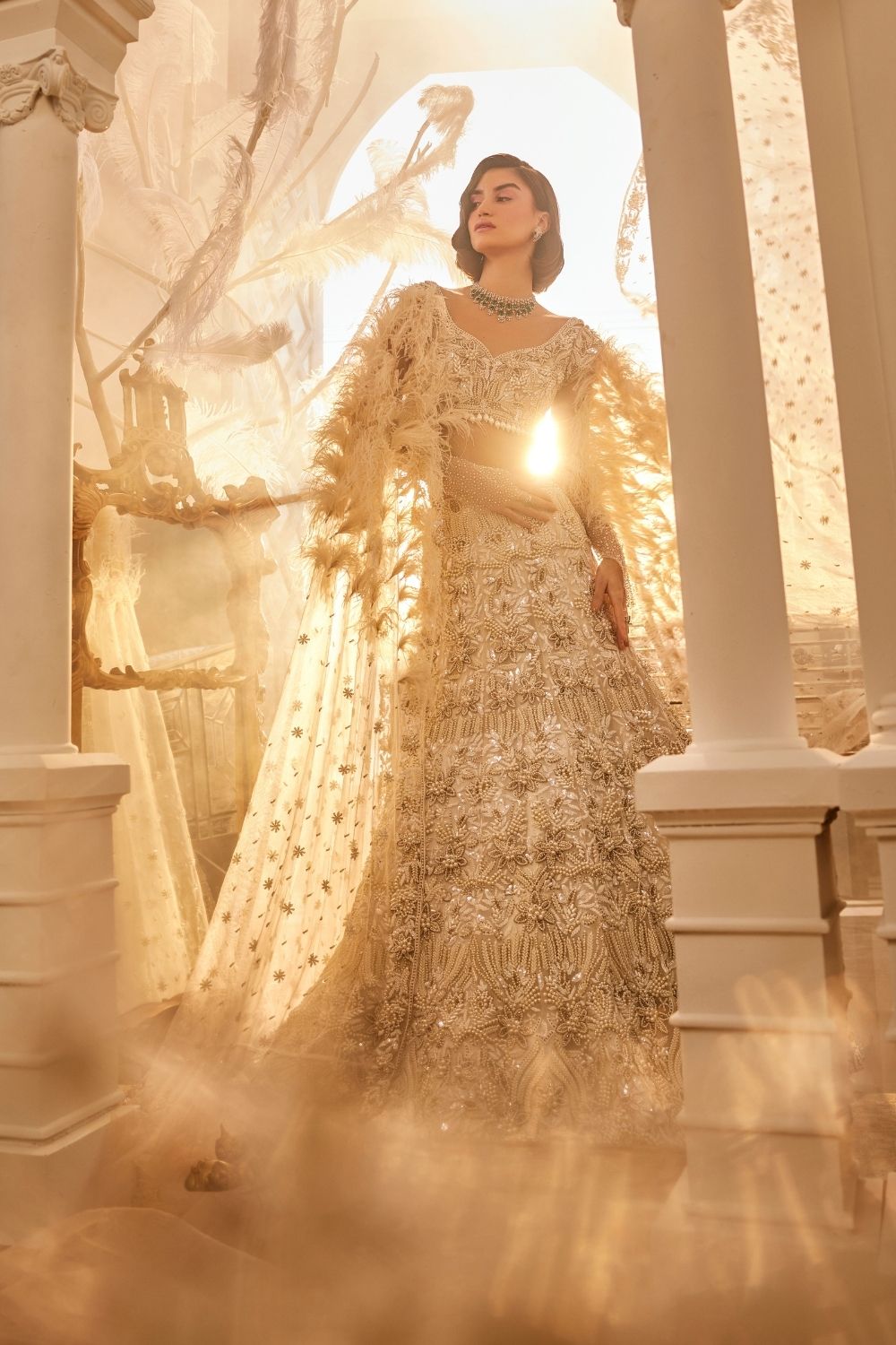Demeter Ivory Embellished Net Lehenga and Leaf Neck Blouse with Dupatta