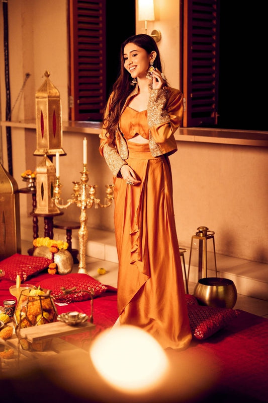 Chaand Mustard Yellow Satin Silk Lining Shantoon Padma Jacket Draped Dhoti Skirt Set