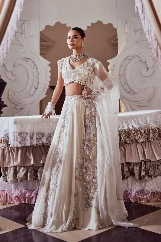 Rosalind Ivory Pearl Embellished Georgette and Net Lehenga Set with Sweetheart Neckline