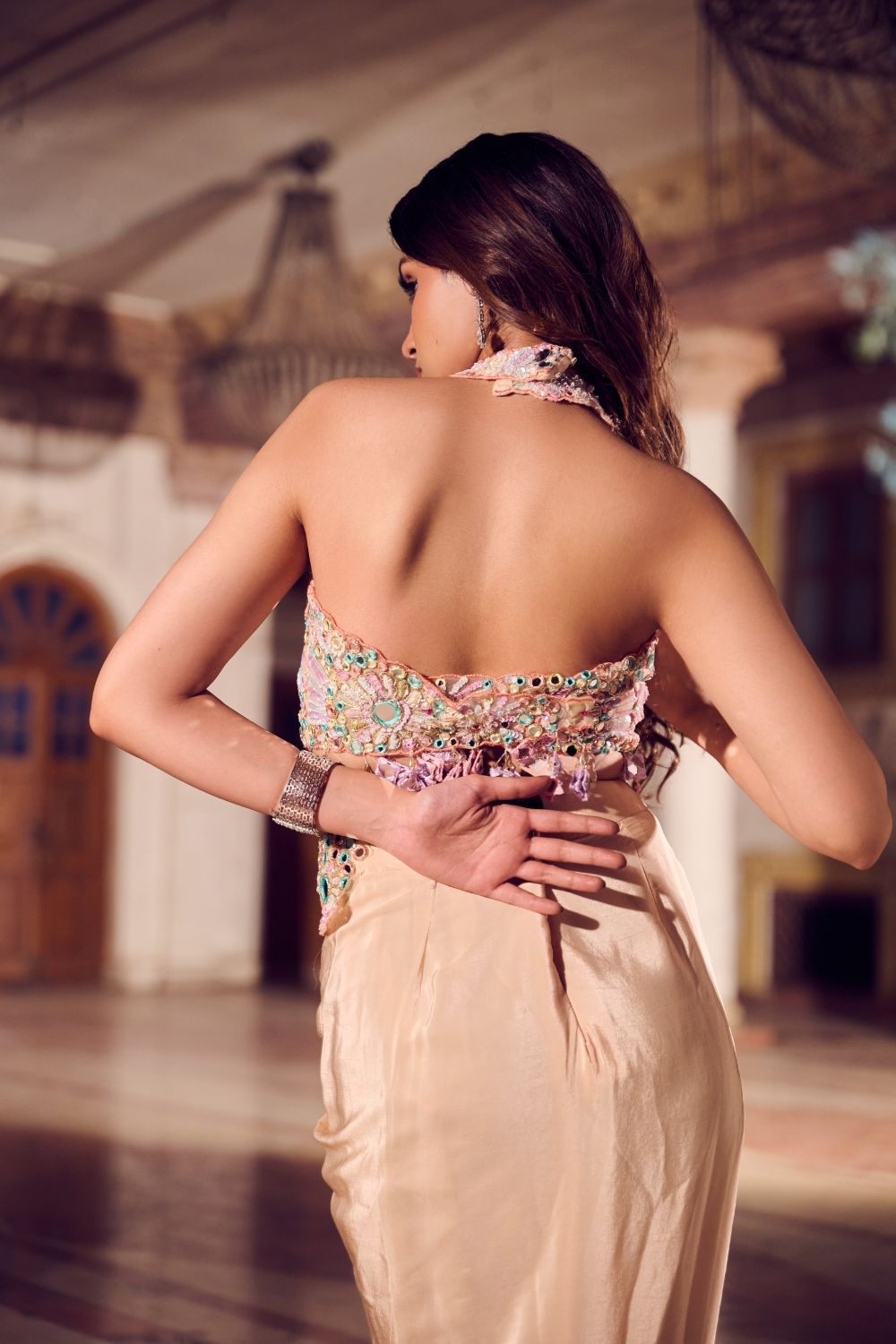 Sahiba Cream Mirrorwork Drape Skirt with Bustier and Cape