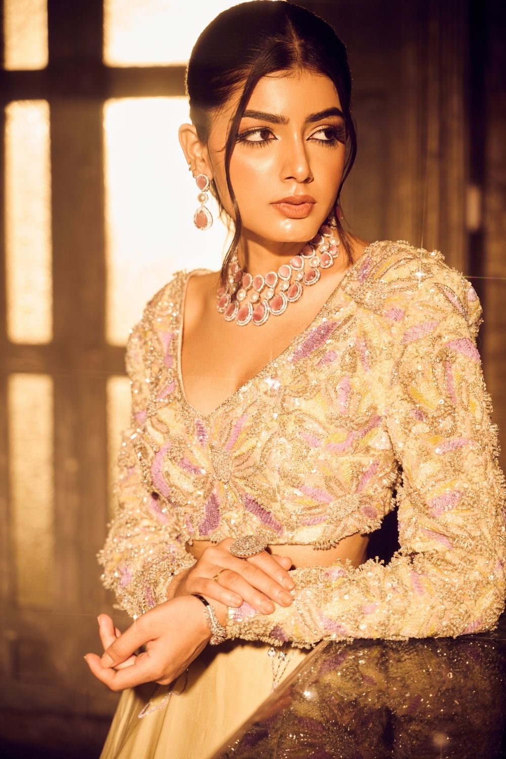 Ara Green Ivory Ombre Embellished V-neck Satin Organza Net Skirt with Crop Top