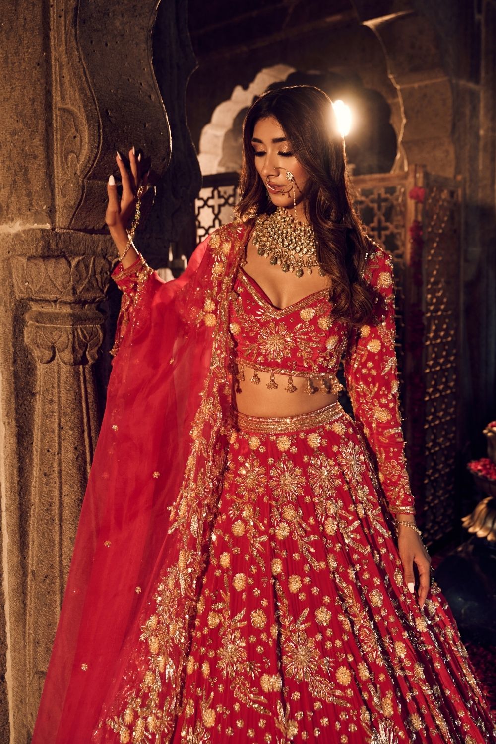 Makhfi Red Crepe Kora Organza Lining Shantoon Embellished Bridal Lehenga Set