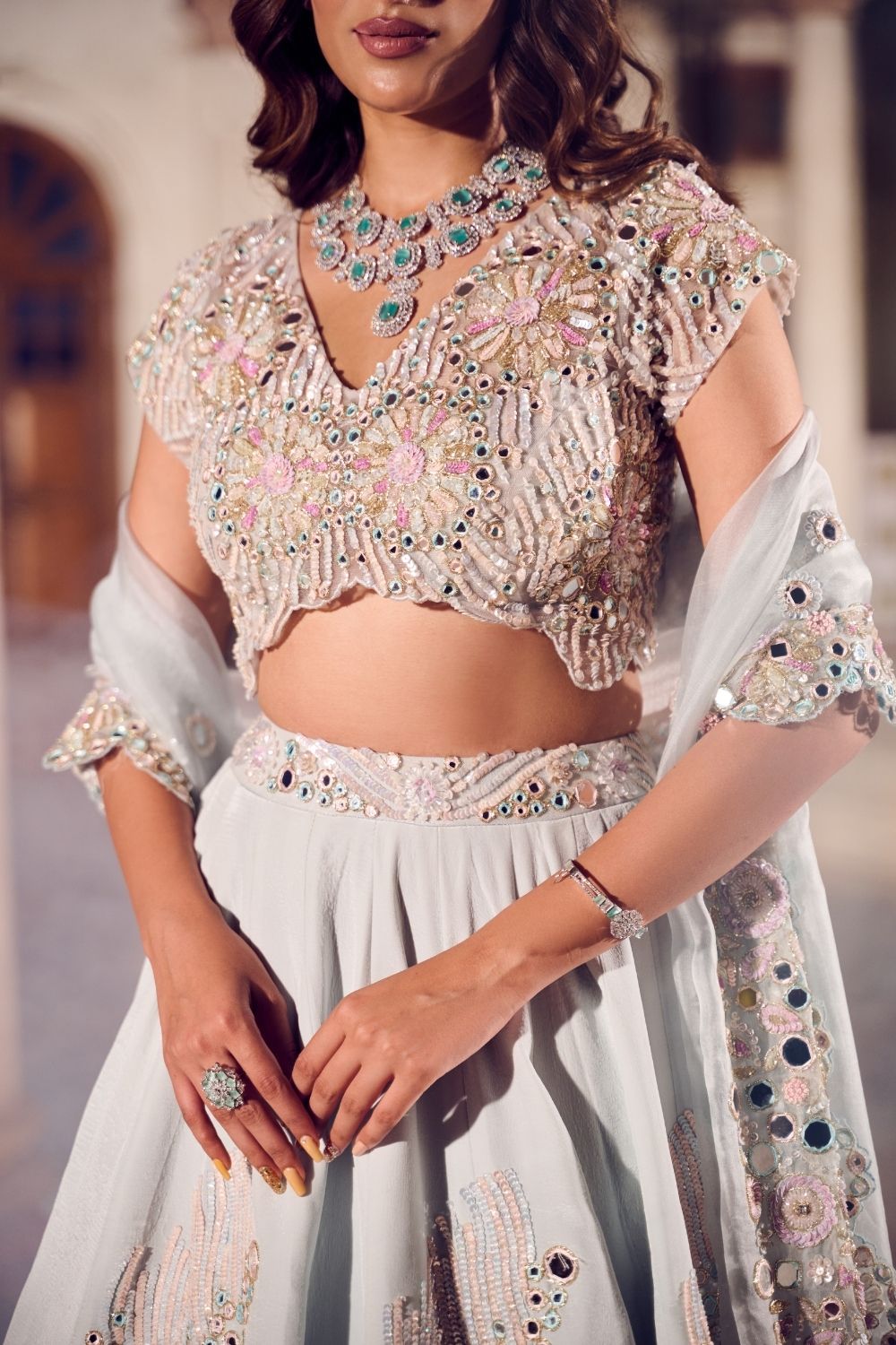 Darya Powder Blue Mirrorwork Lehenga with dupatta