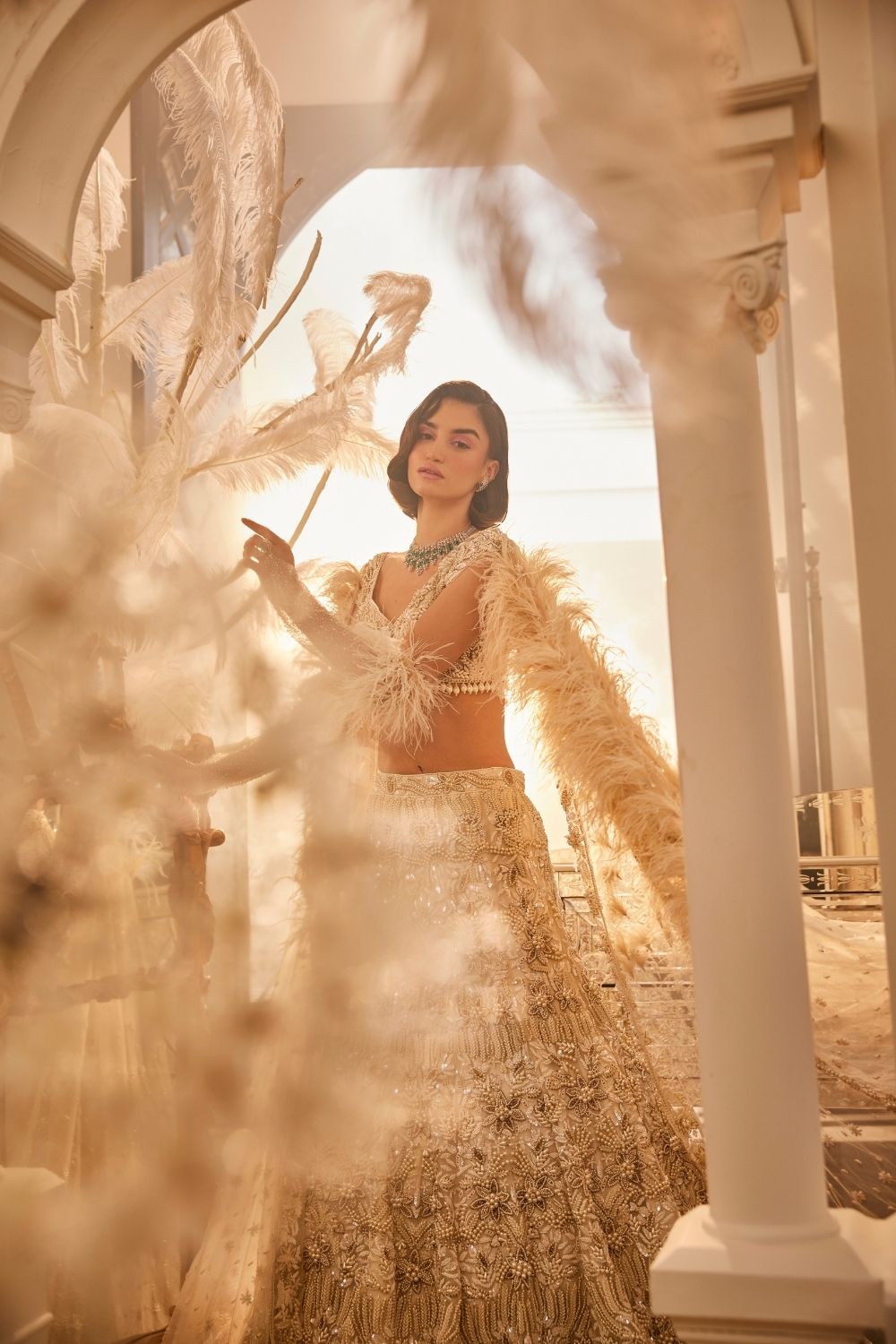 Demeter Ivory Embellished Net Lehenga and Leaf Neck Blouse with Dupatta