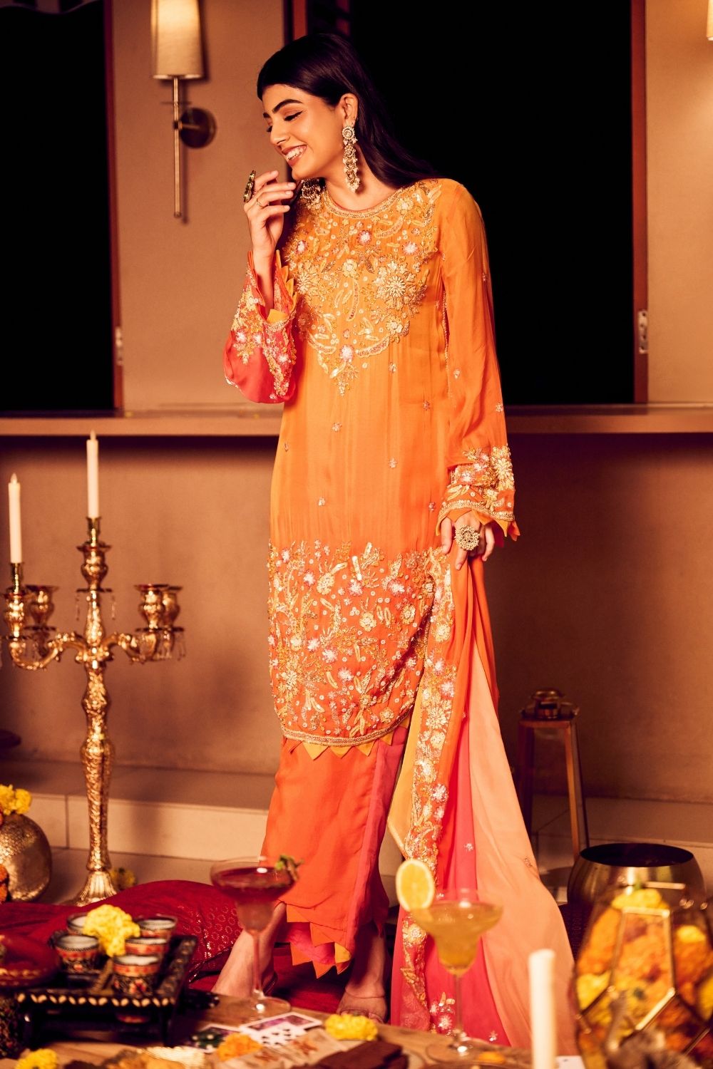 Saffron Glow Orange Viscose Organza Embellished Kurta Set with Dupatta