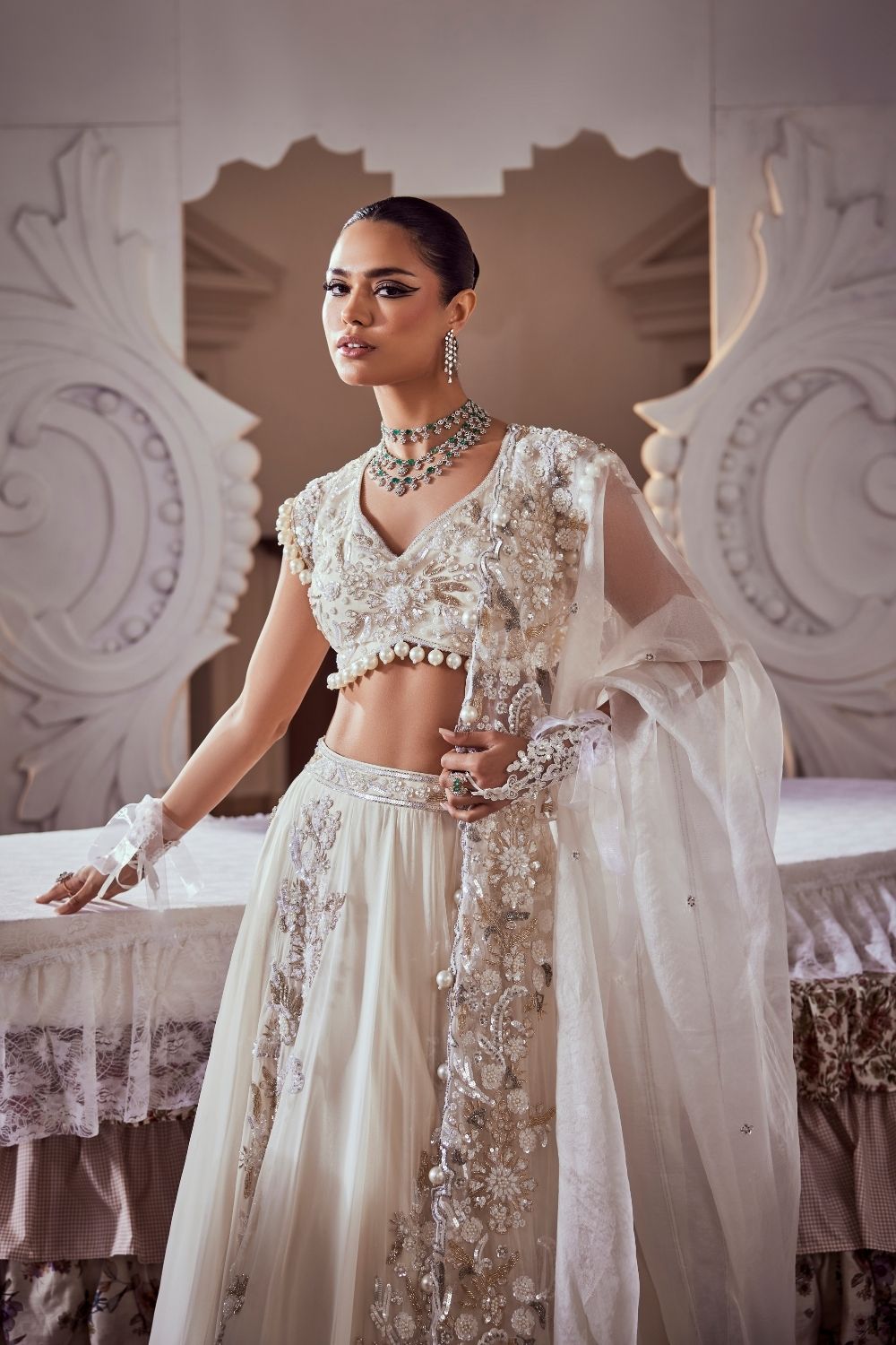 Rosalind Ivory Pearl Embellished Georgette and Net Lehenga Set with Sweetheart Neckline