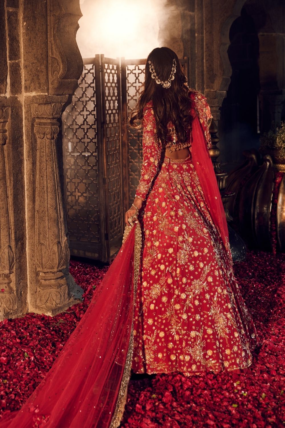 Makhfi Red Crepe Kora Organza Lining Shantoon Embellished Bridal Lehenga Set