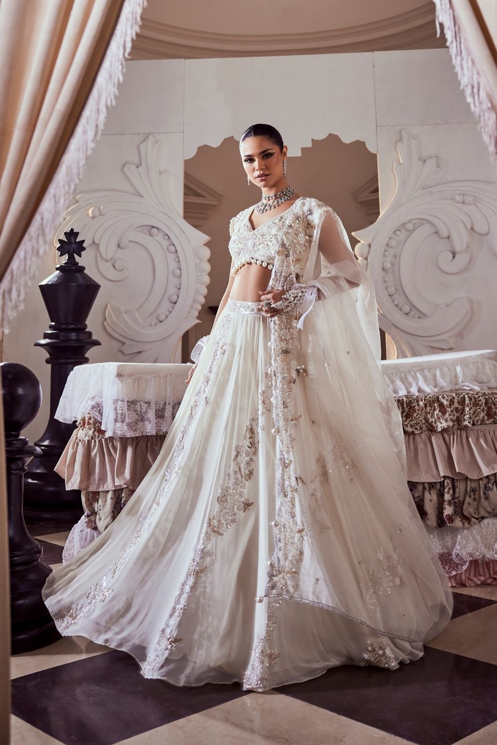 Rosalind Ivory Pearl Embellished Georgette and Net Lehenga Set with Sweetheart Neckline