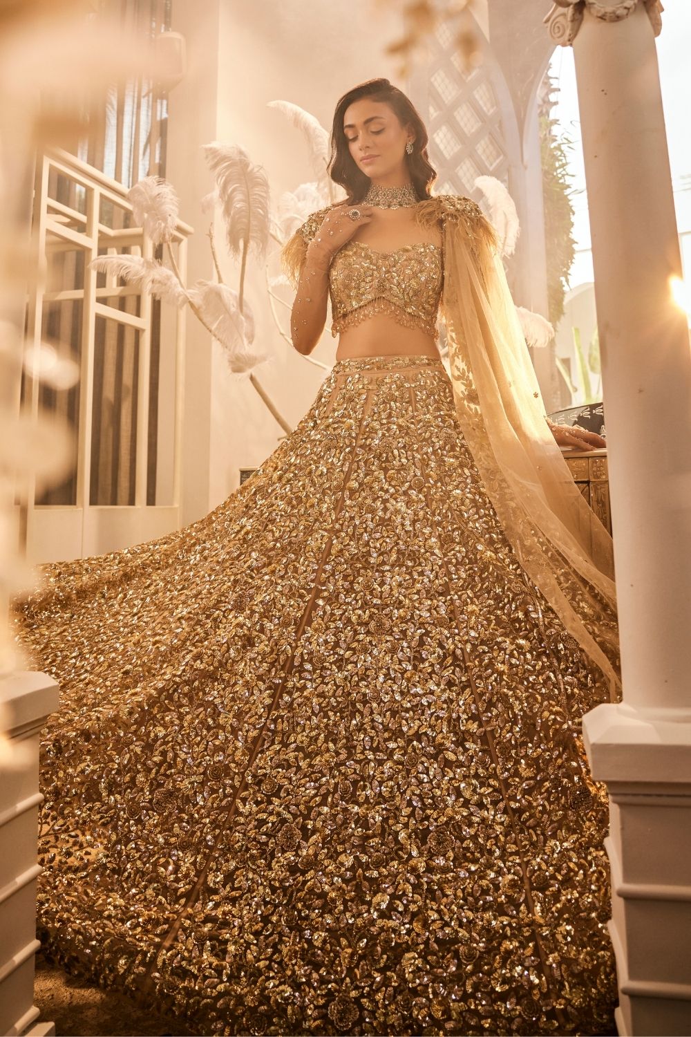 Terra Gold Embellished Net Lehenga and Blouse with Trail