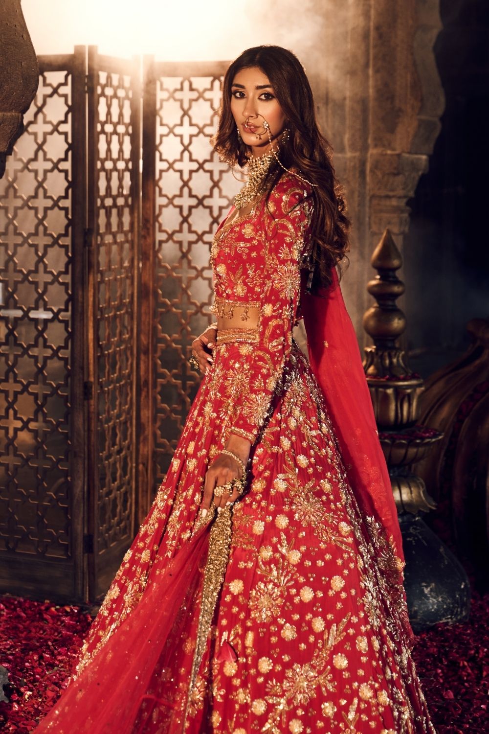 Makhfi Red Crepe Kora Organza Lining Shantoon Embellished Bridal Lehenga Set