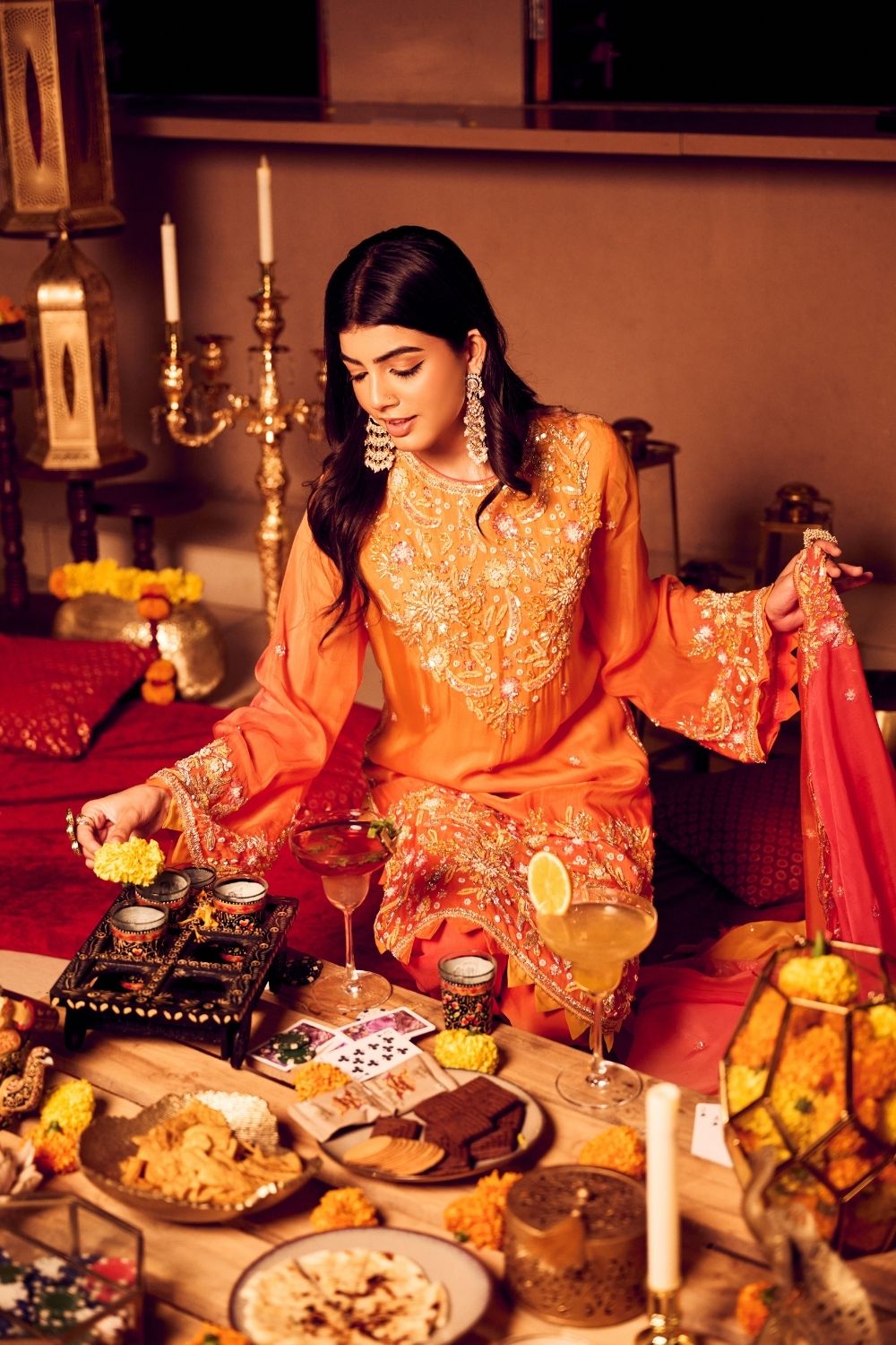 Saffron Glow Orange Viscose Organza Embellished Kurta Set with Dupatta