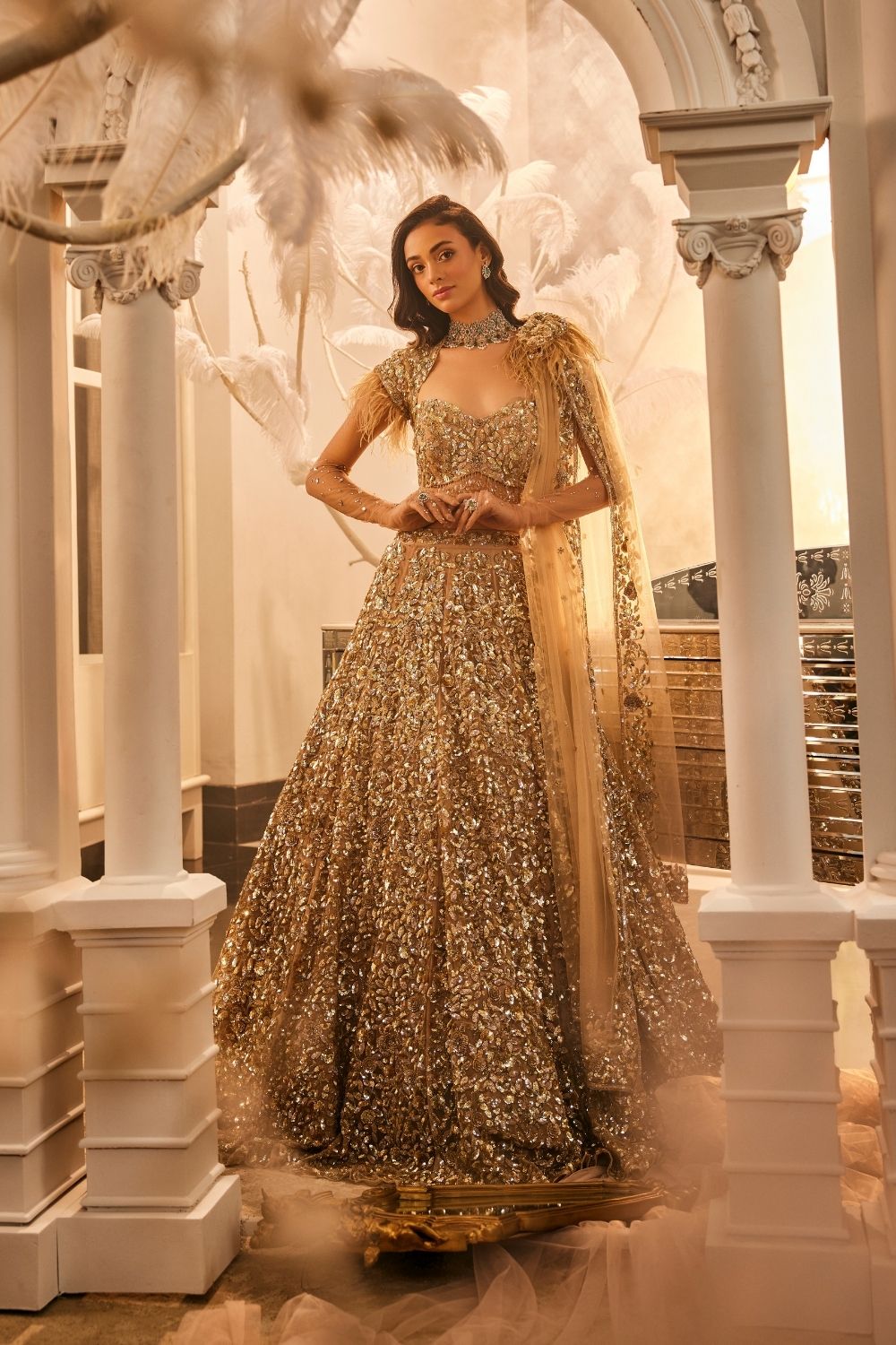 Terra Gold Embellished Net Lehenga and Blouse with Trail