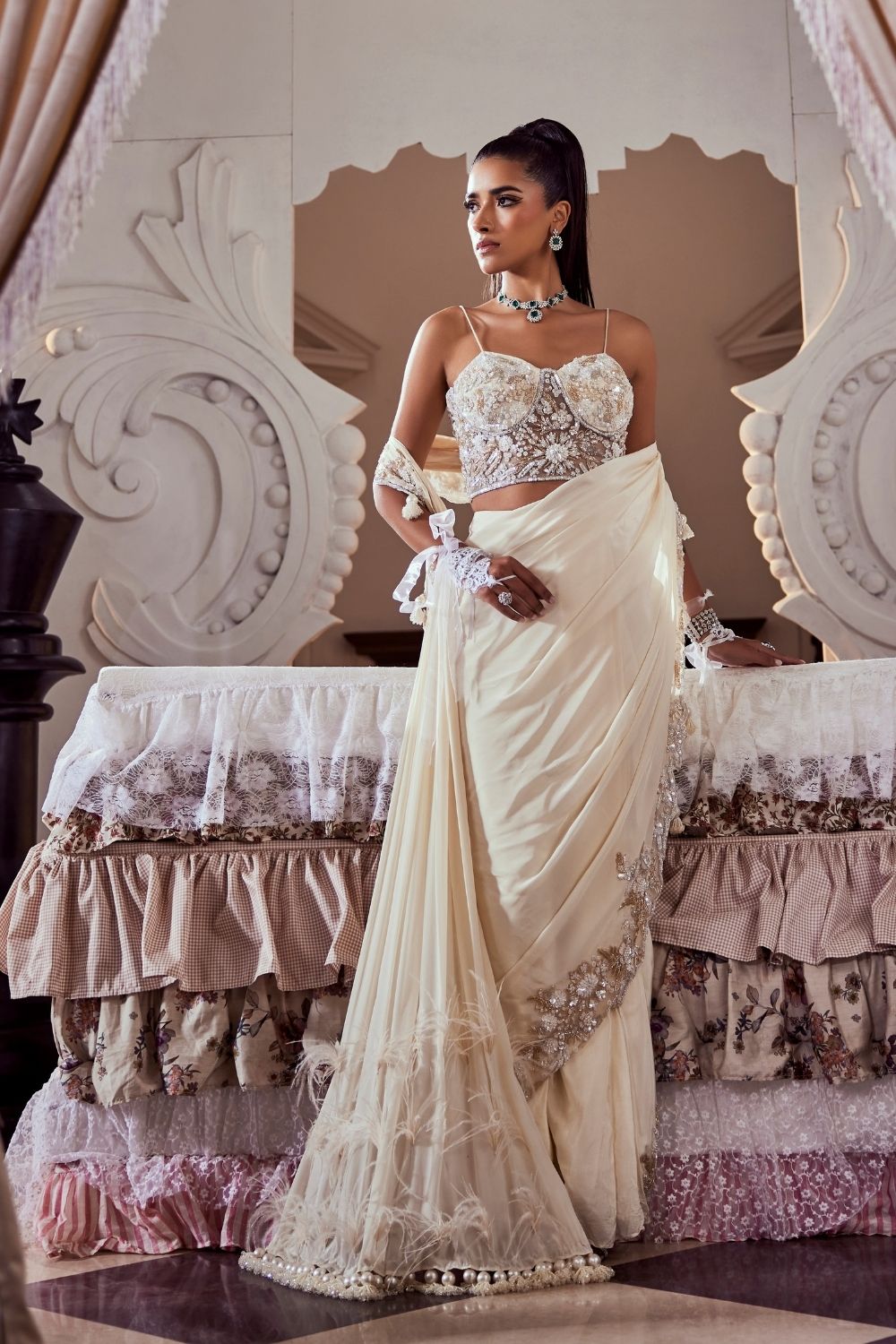 Edith Ivory Pearl Embellished Crepe and Net Saree Set with Corset Blouse