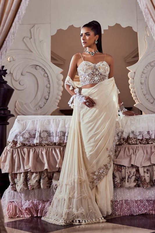 Edith Ivory Pearl Embellished Crepe and Net Saree Set with Corset Blouse