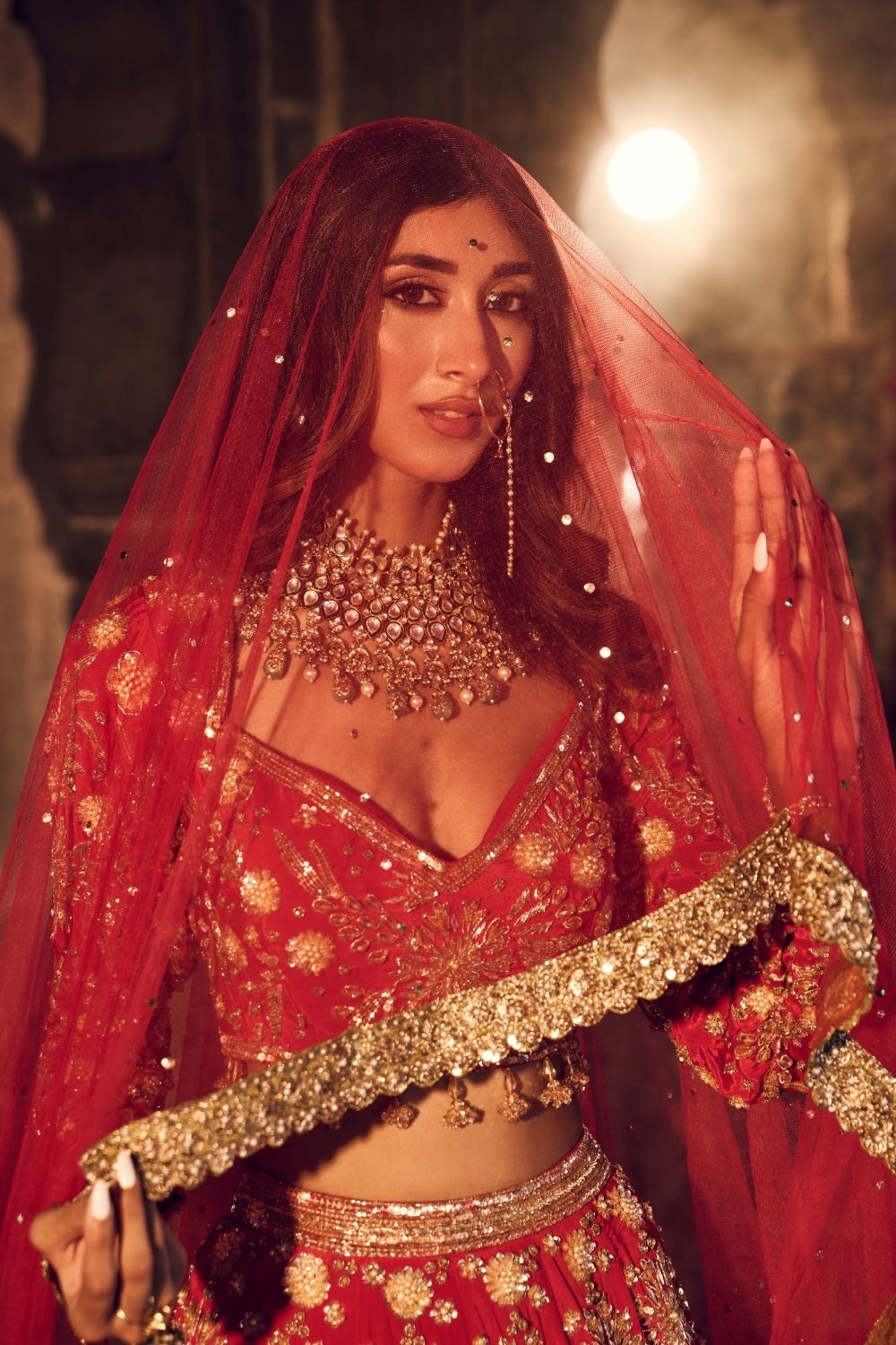 Makhfi Red Crepe Kora Organza Lining Shantoon Embellished Bridal Lehenga Set