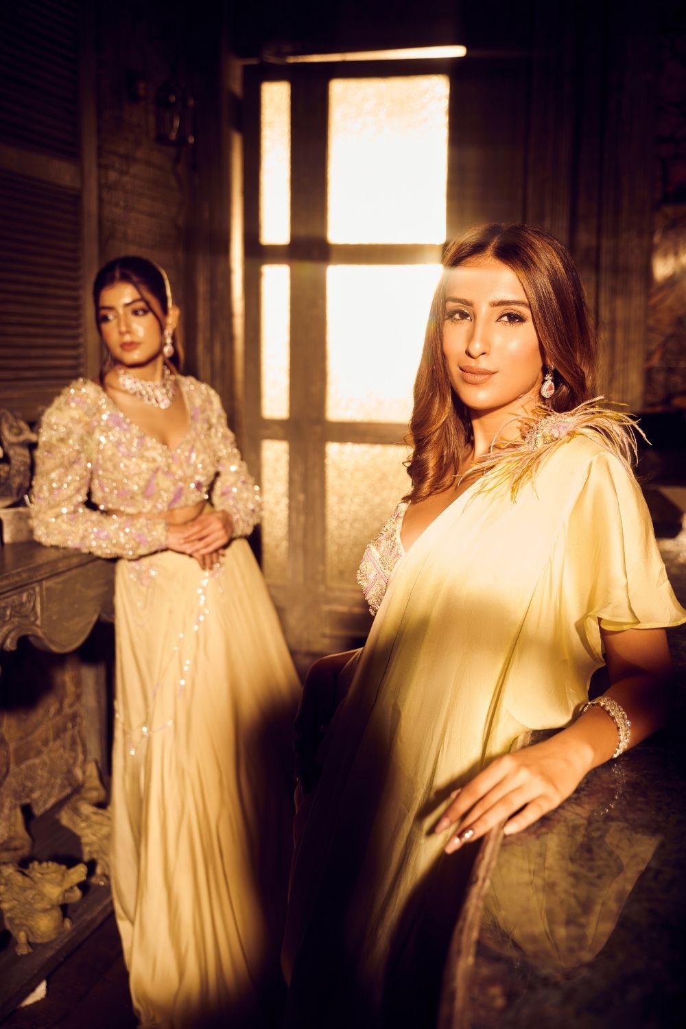 Ara Green Ivory Ombre Embellished V-neck Satin Organza Net Skirt with Crop Top