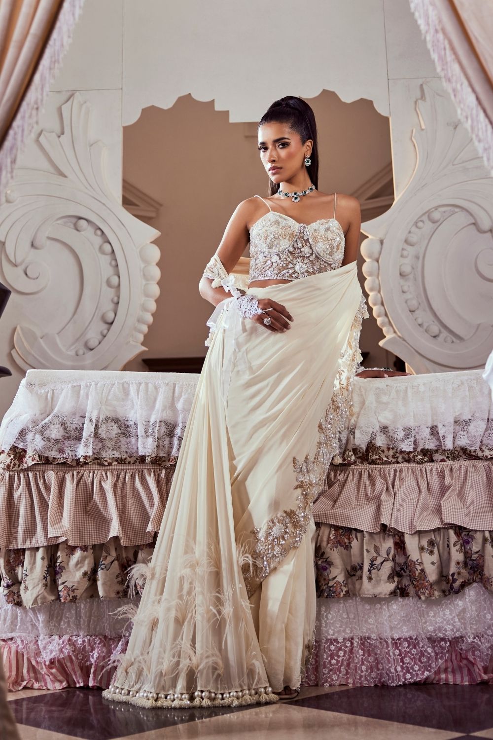 Edith Ivory Pearl Embellished Crepe and Net Saree Set with Corset Blouse