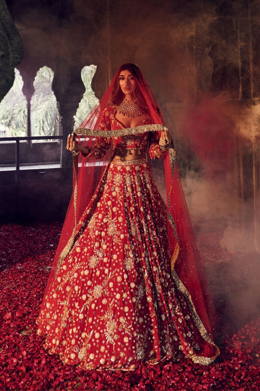 Makhfi Red Crepe Kora Organza Lining Shantoon Embellished Bridal Lehenga Set