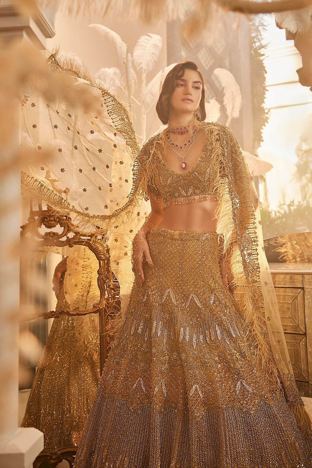 Nox Gold Embellished Net Lehenga and Scoop Neck Blouse with Dupatta
