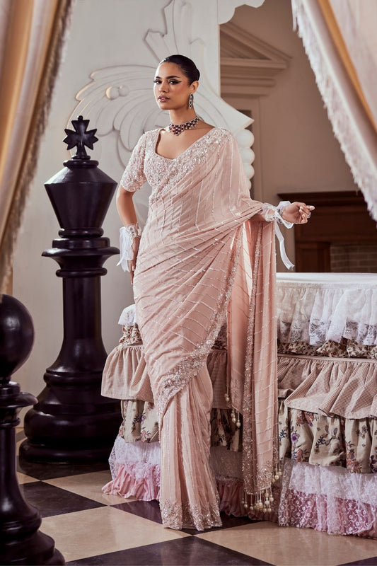 Millicent Blush Pink Hand Embellished Georgette and  Net Saree Set with Sweetheart Neckline