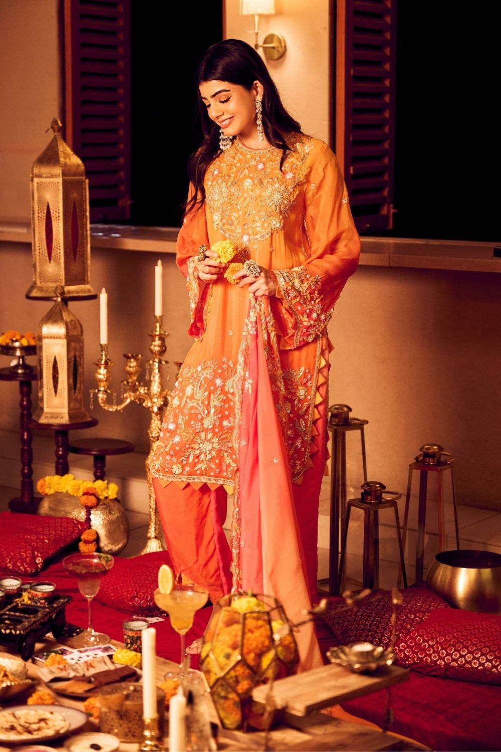 Saffron Glow Orange Viscose Organza Embellished Kurta Set with Dupatta