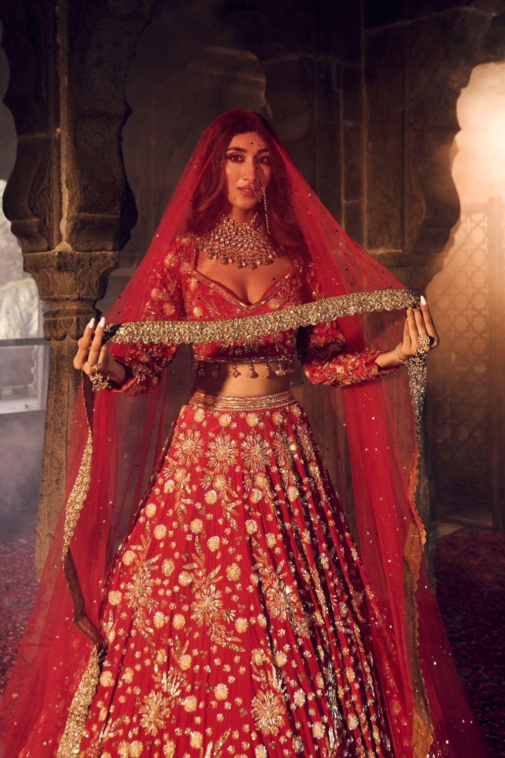 Makhfi Red Crepe Kora Organza Lining Shantoon Embellished Bridal Lehenga Set