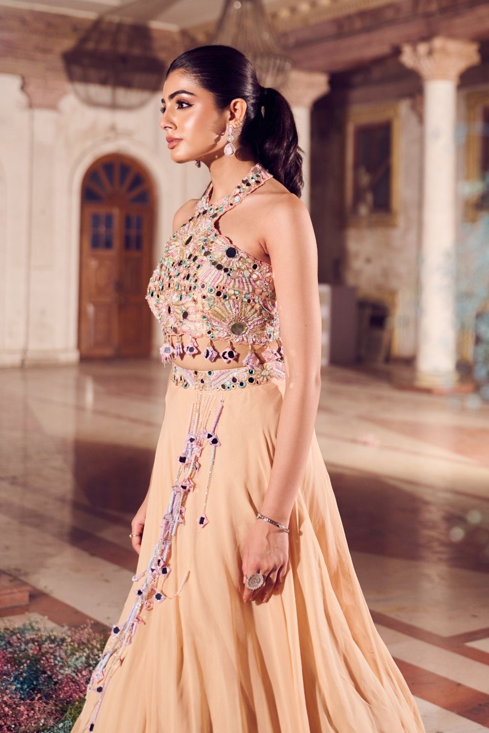 Nafisa Cream Mirrorwork Skirt with Halter Neck Blouse