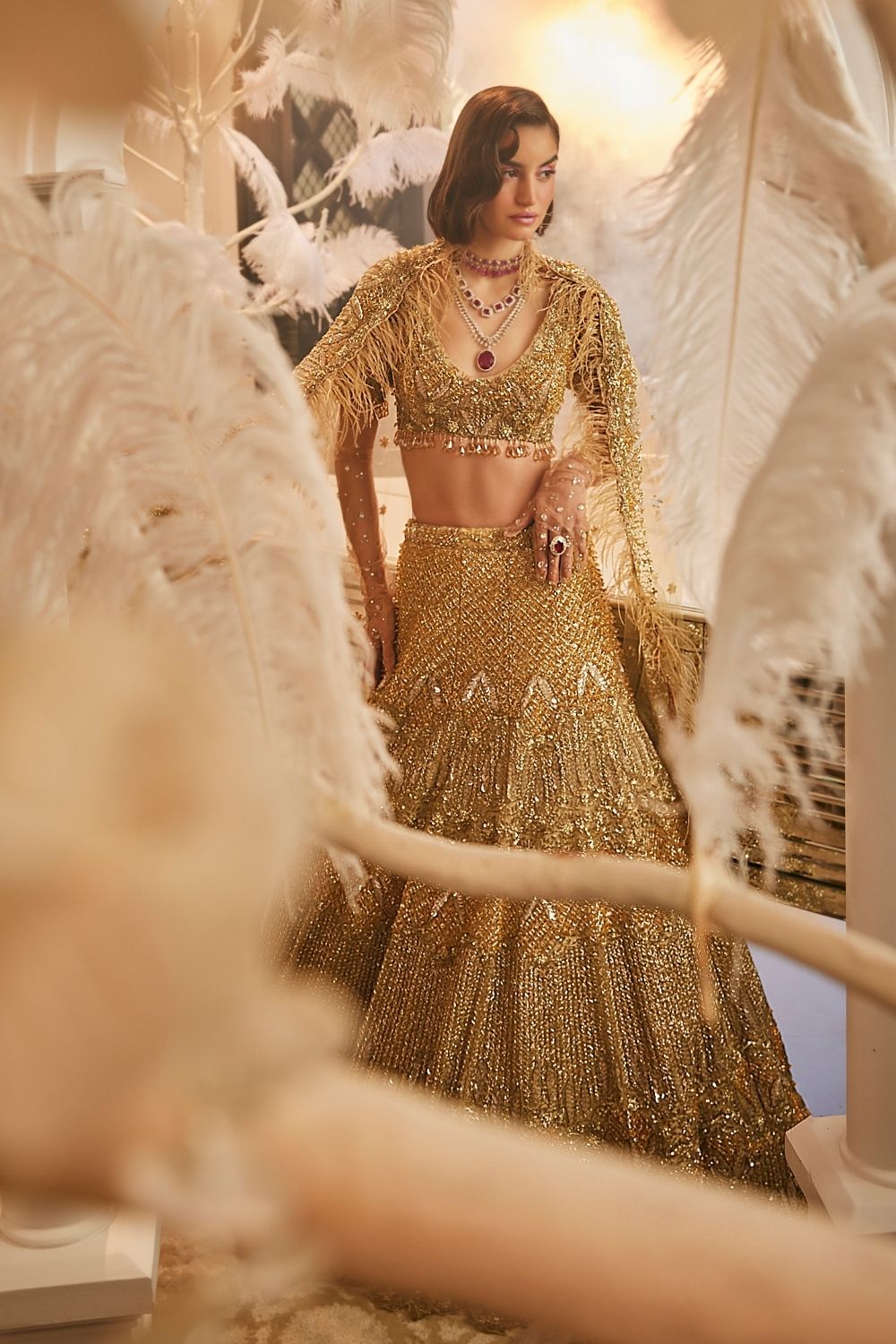 Nox Gold Embellished Net Lehenga and Scoop Neck Blouse with Dupatta